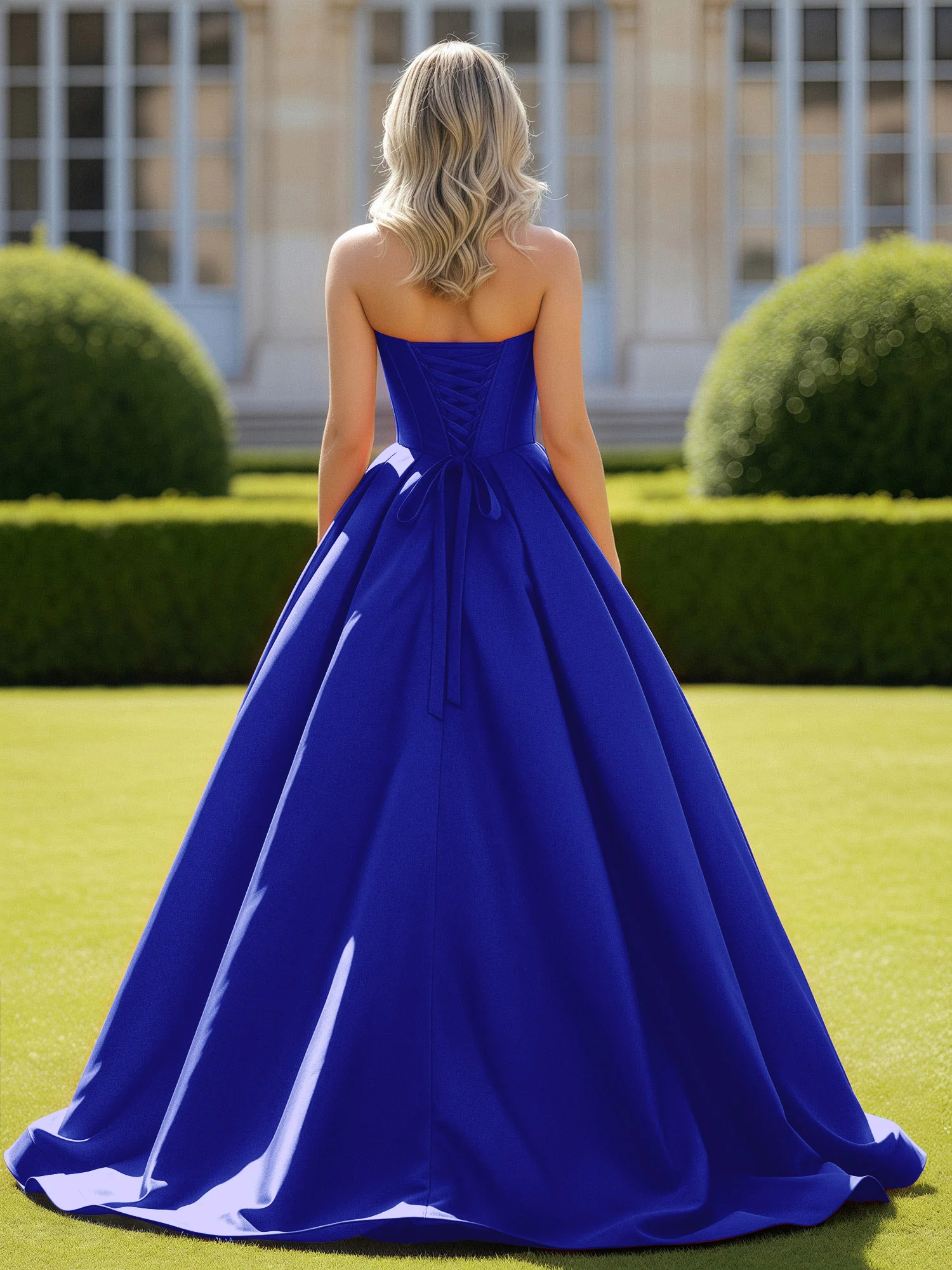 Sweetheart Satin Ball Gown Delicate Lace-Up Prom Dress Royal Blue - Image 2