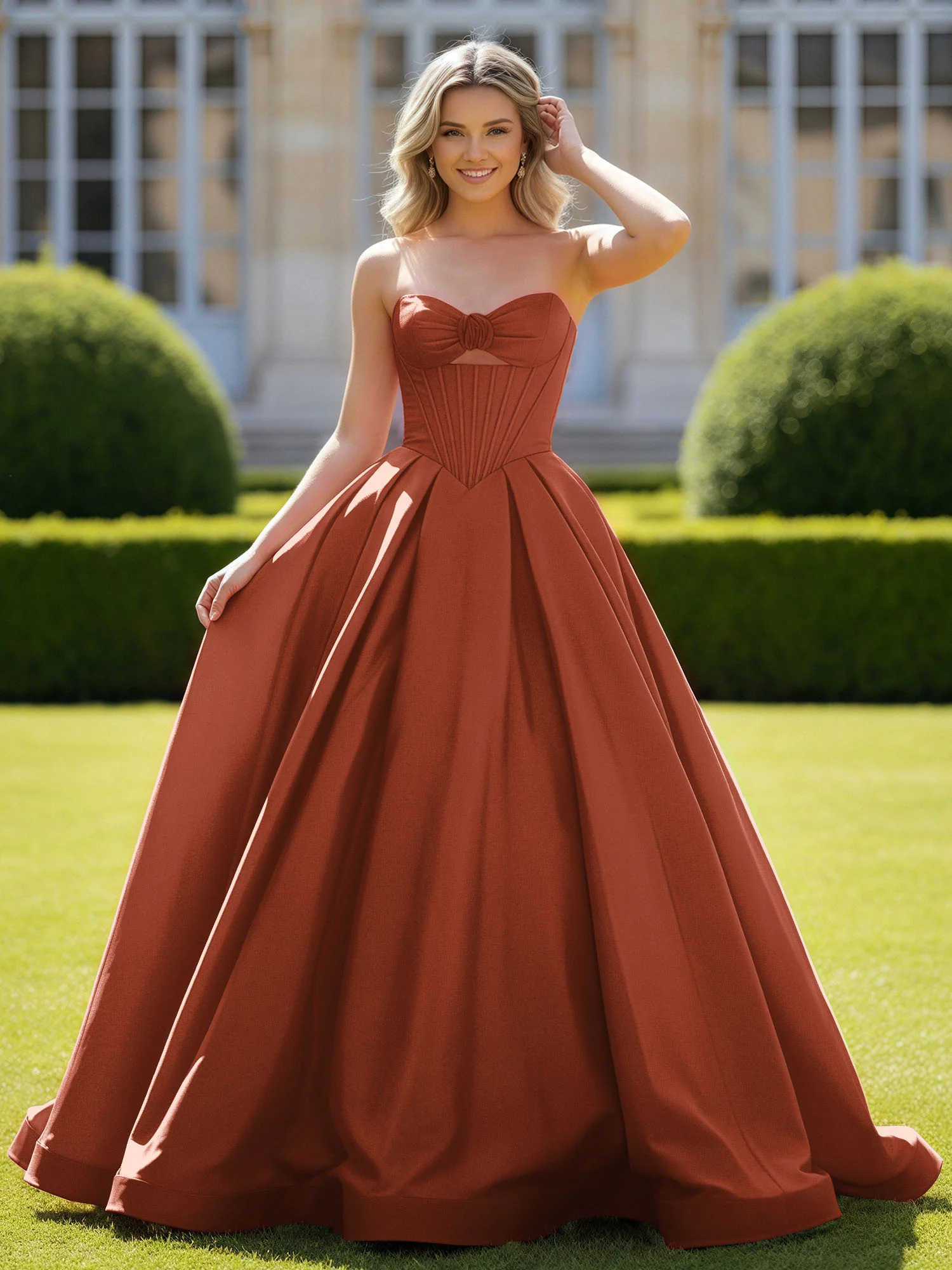 Sweetheart Satin Ball Gown Delicate Lace-Up Prom Dress Rust