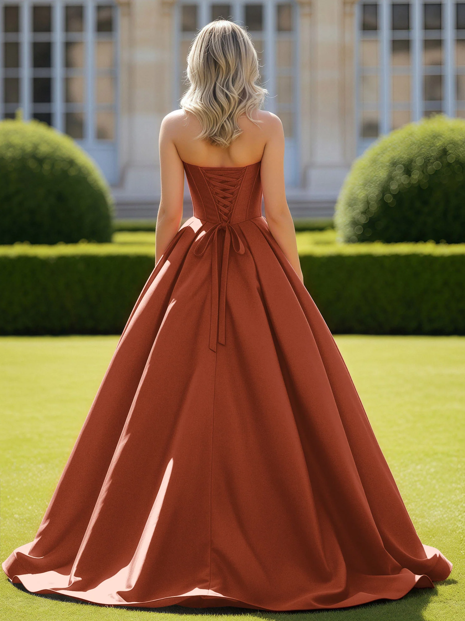 Sweetheart Satin Ball Gown Delicate Lace-Up Prom Dress Rust - Image 2