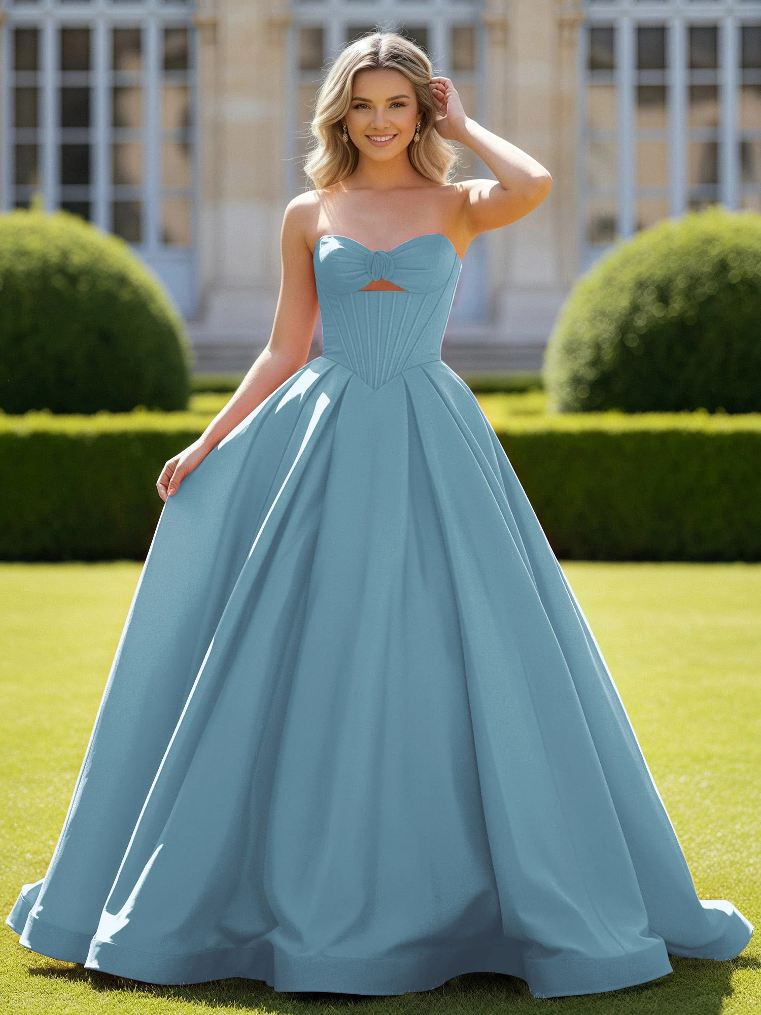 Sweetheart Satin Ball Gown Delicate Lace-Up Prom Dress Slate Blue