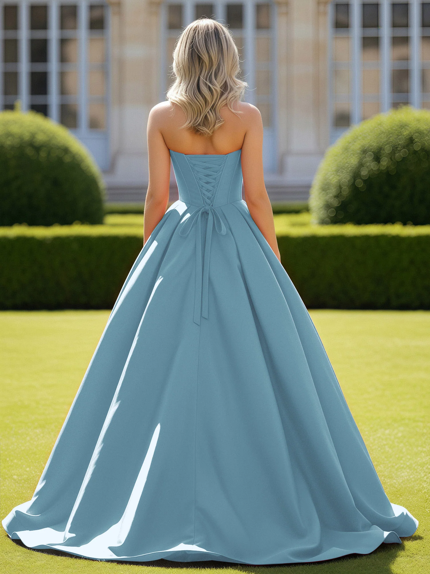 Sweetheart Satin Ball Gown Delicate Lace-Up Prom Dress Slate Blue - Image 2