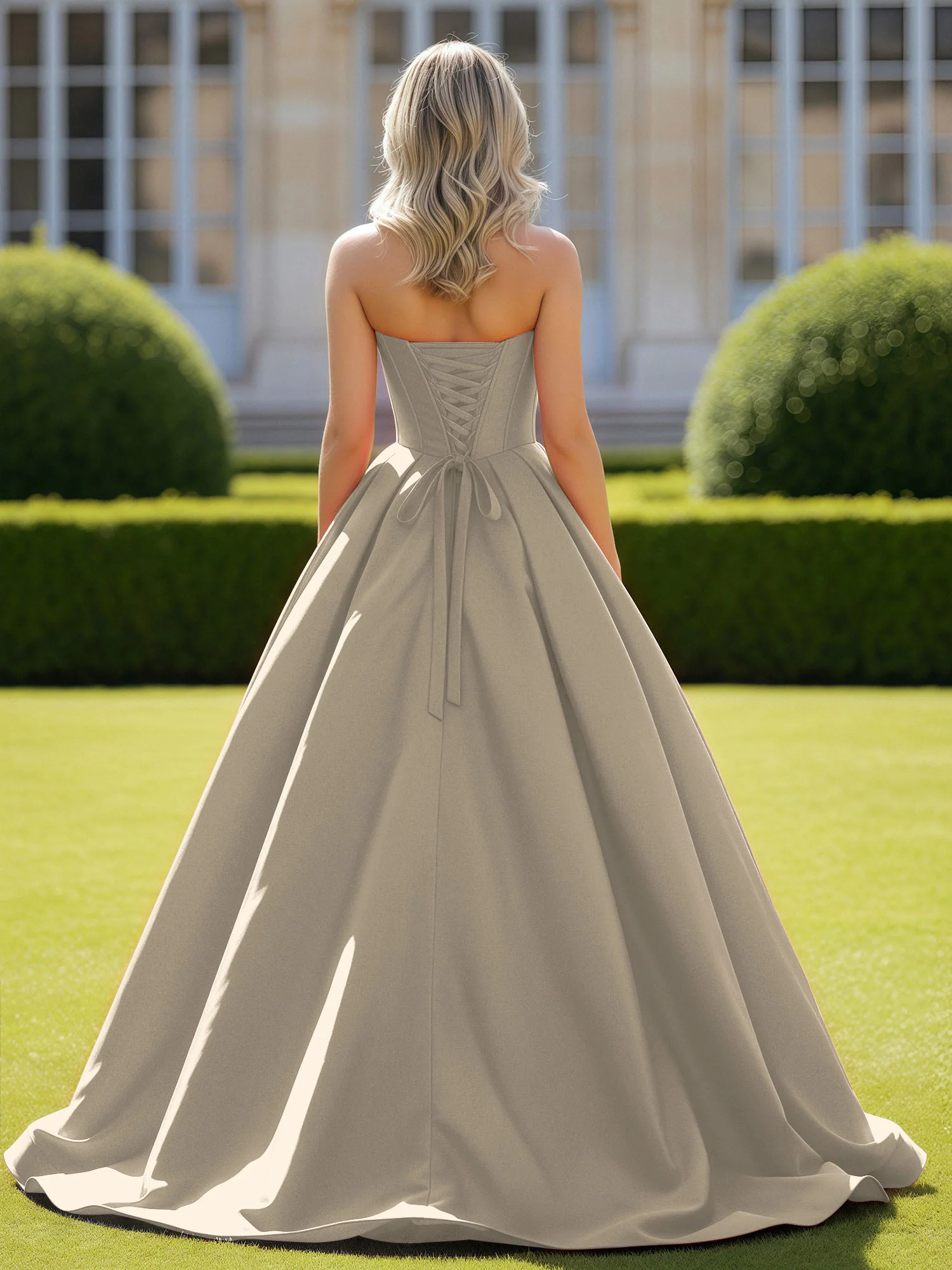 Sweetheart Satin Ball Gown Delicate Lace-Up Prom Dress Taupe - Image 2
