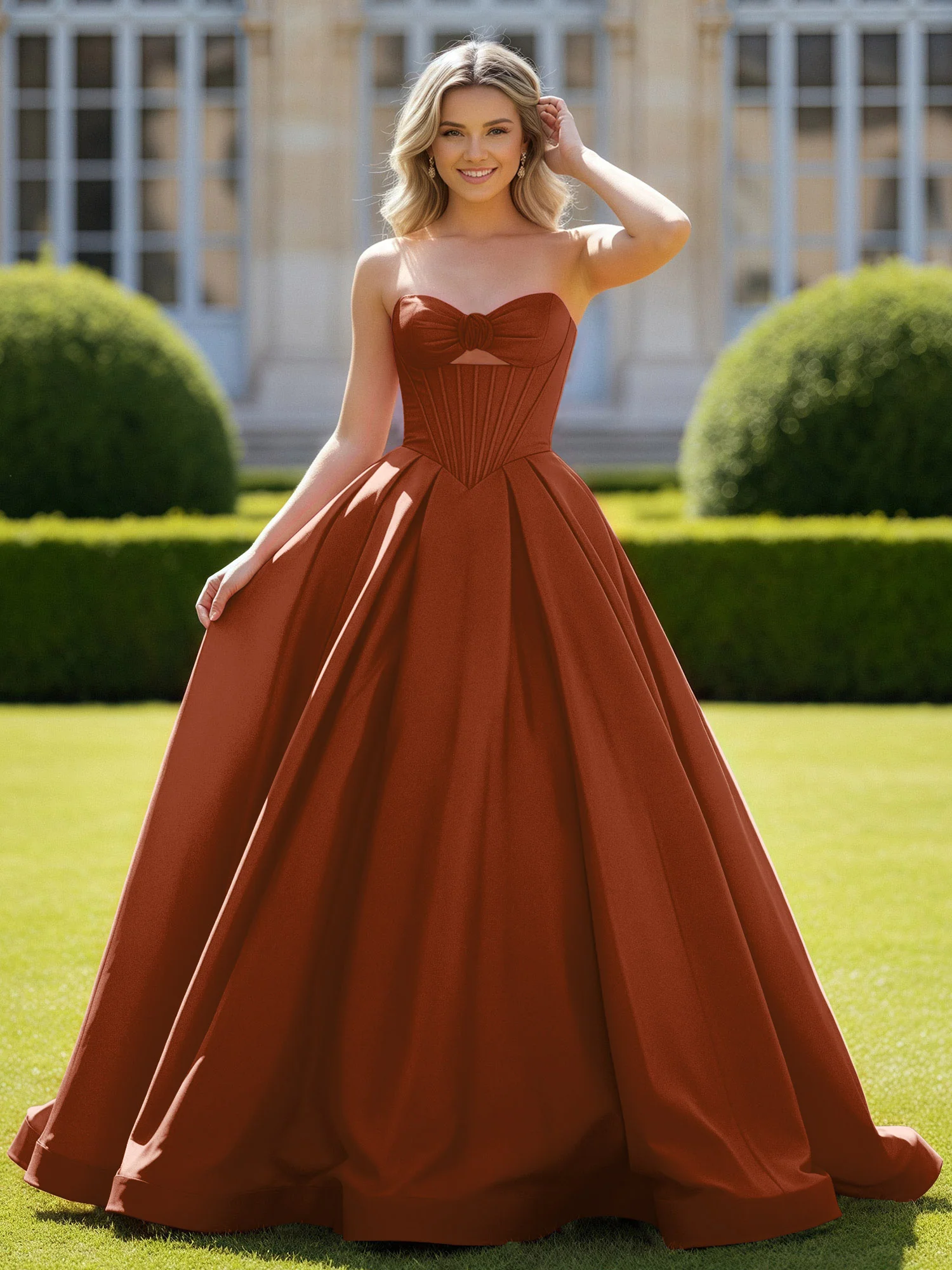 Sweetheart Satin Ball Gown Delicate Lace-Up Prom Dress Terracotta