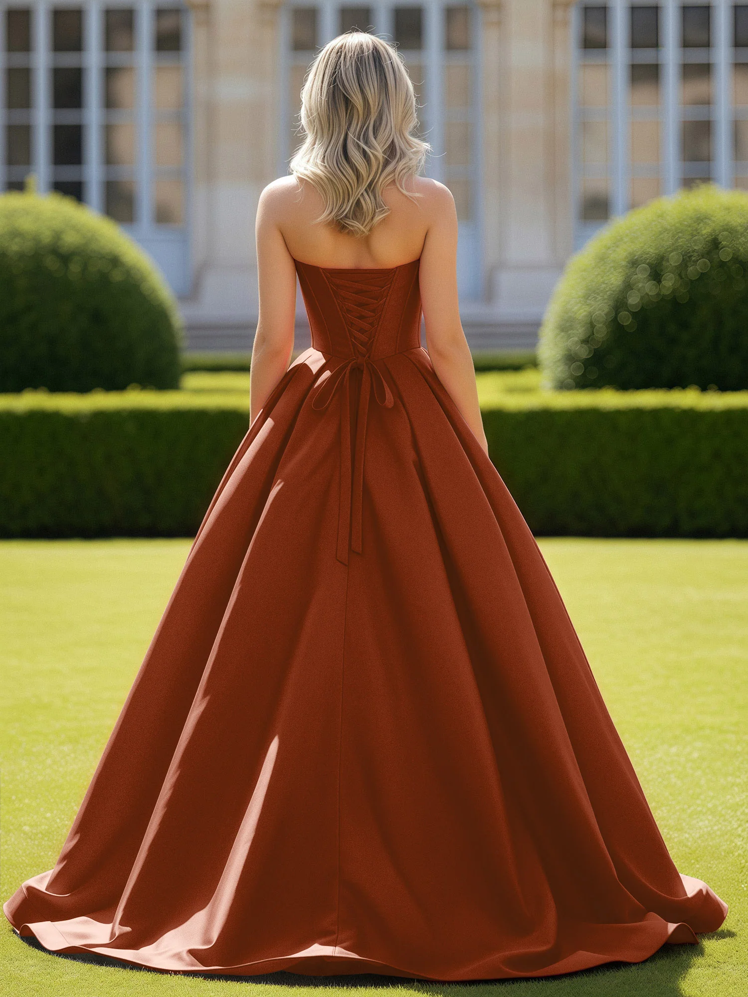 Sweetheart Satin Ball Gown Delicate Lace-Up Prom Dress Terracotta - Image 2