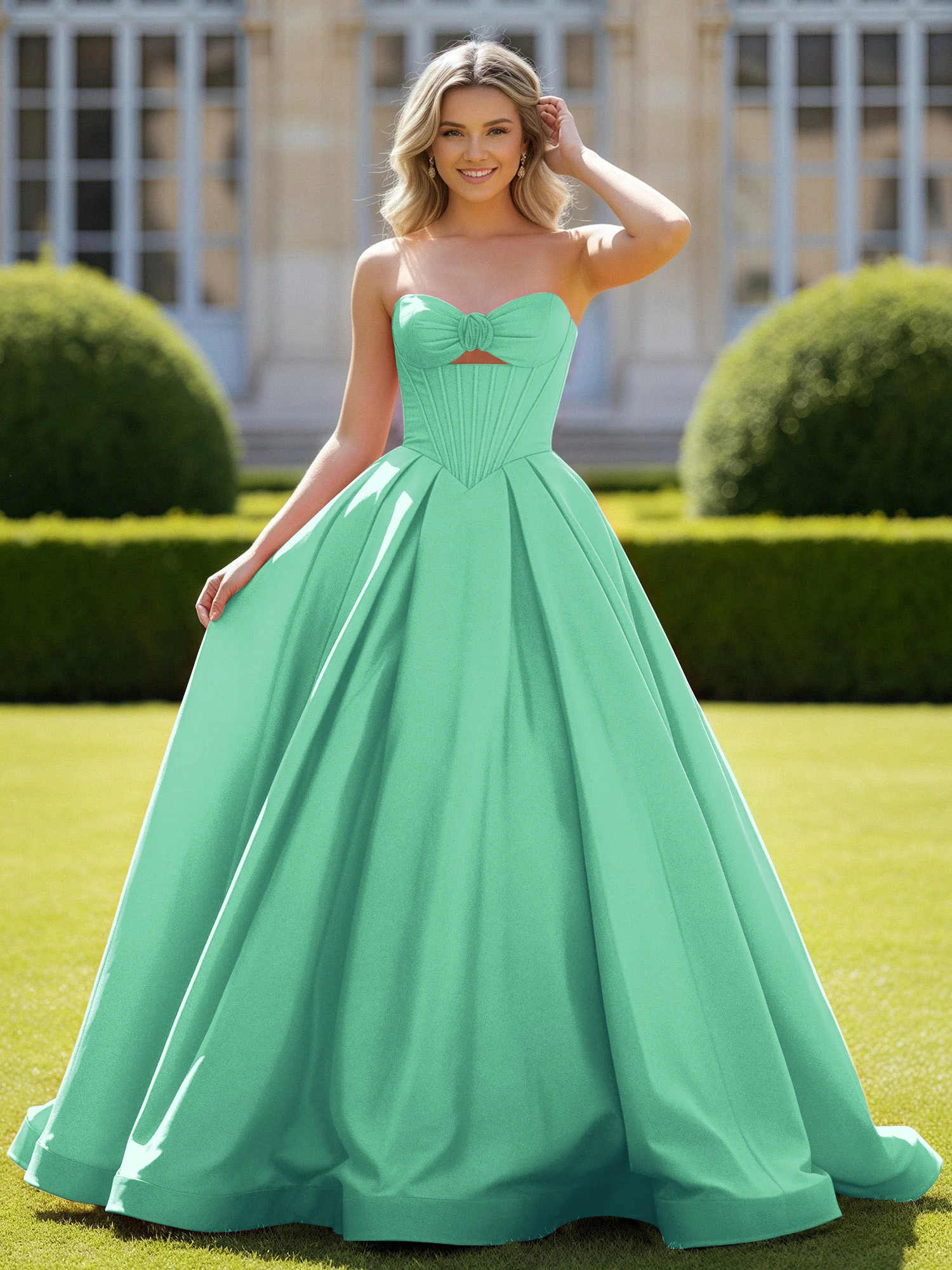 Sweetheart Satin Ball Gown Delicate Lace-Up Prom Dress Turquoise