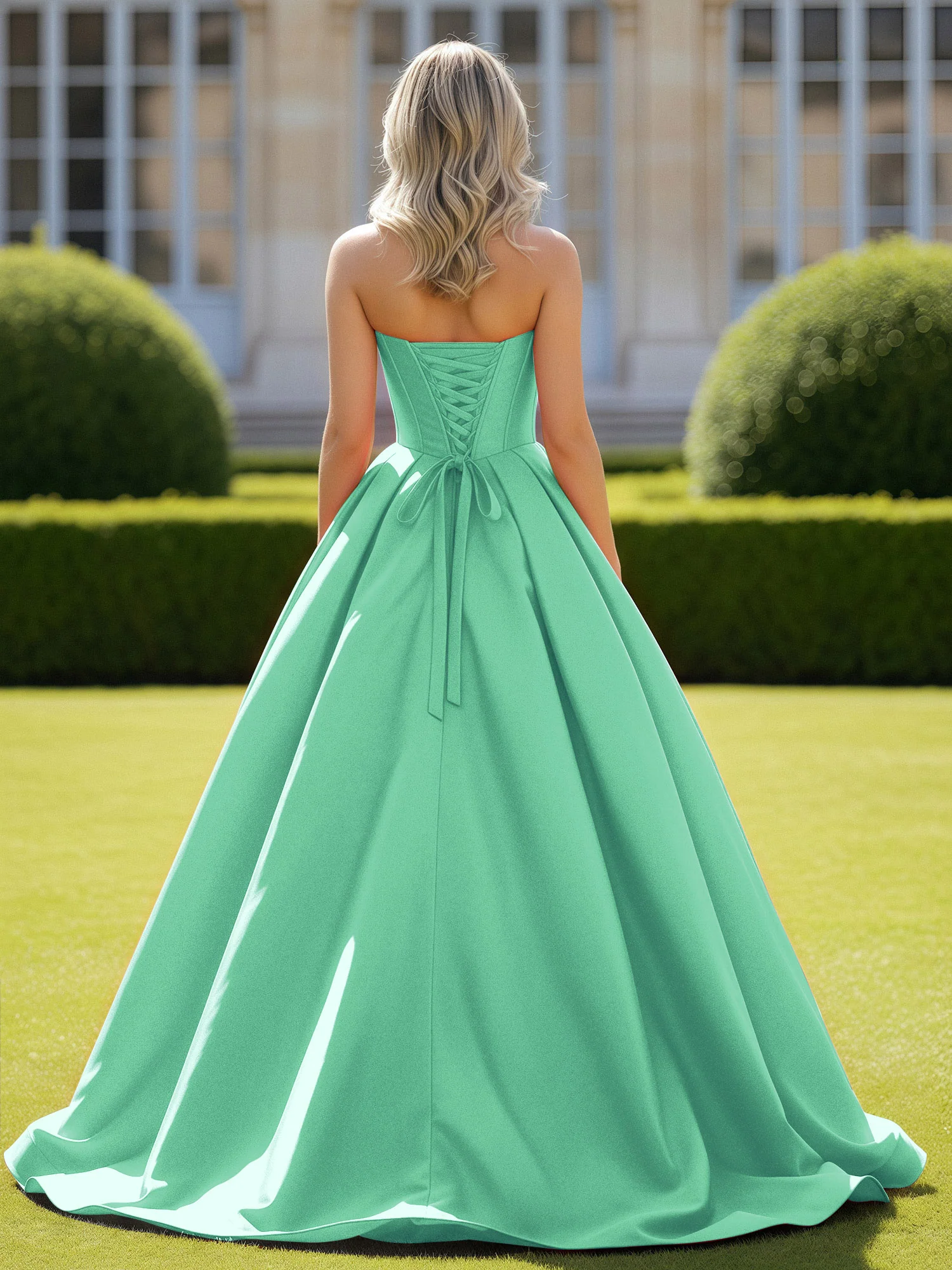 Sweetheart Satin Ball Gown Delicate Lace-Up Prom Dress Turquoise - Image 2