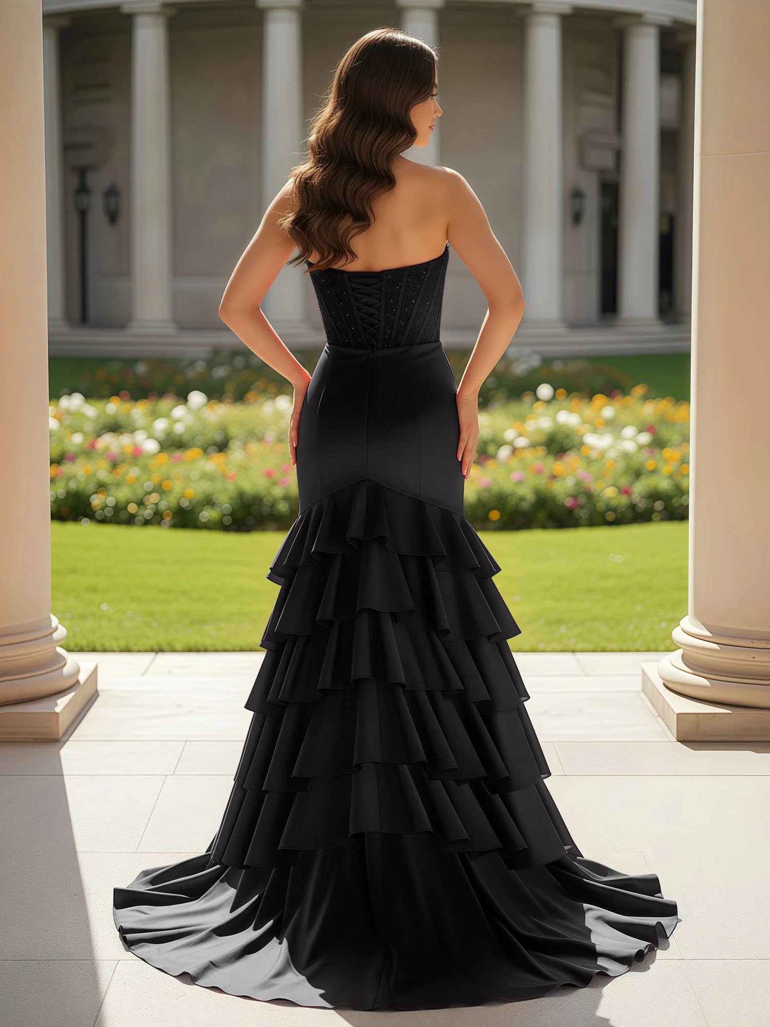 Mermaid Strapless Slit Ruffle Prom Dress With Sweep/Brush Train Black - Image 2