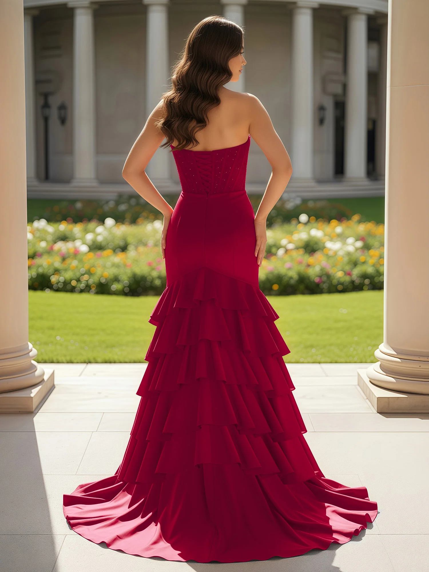 Mermaid Strapless Slit Ruffle Prom Dress With Sweep/Brush Train Burgundy - Image 2