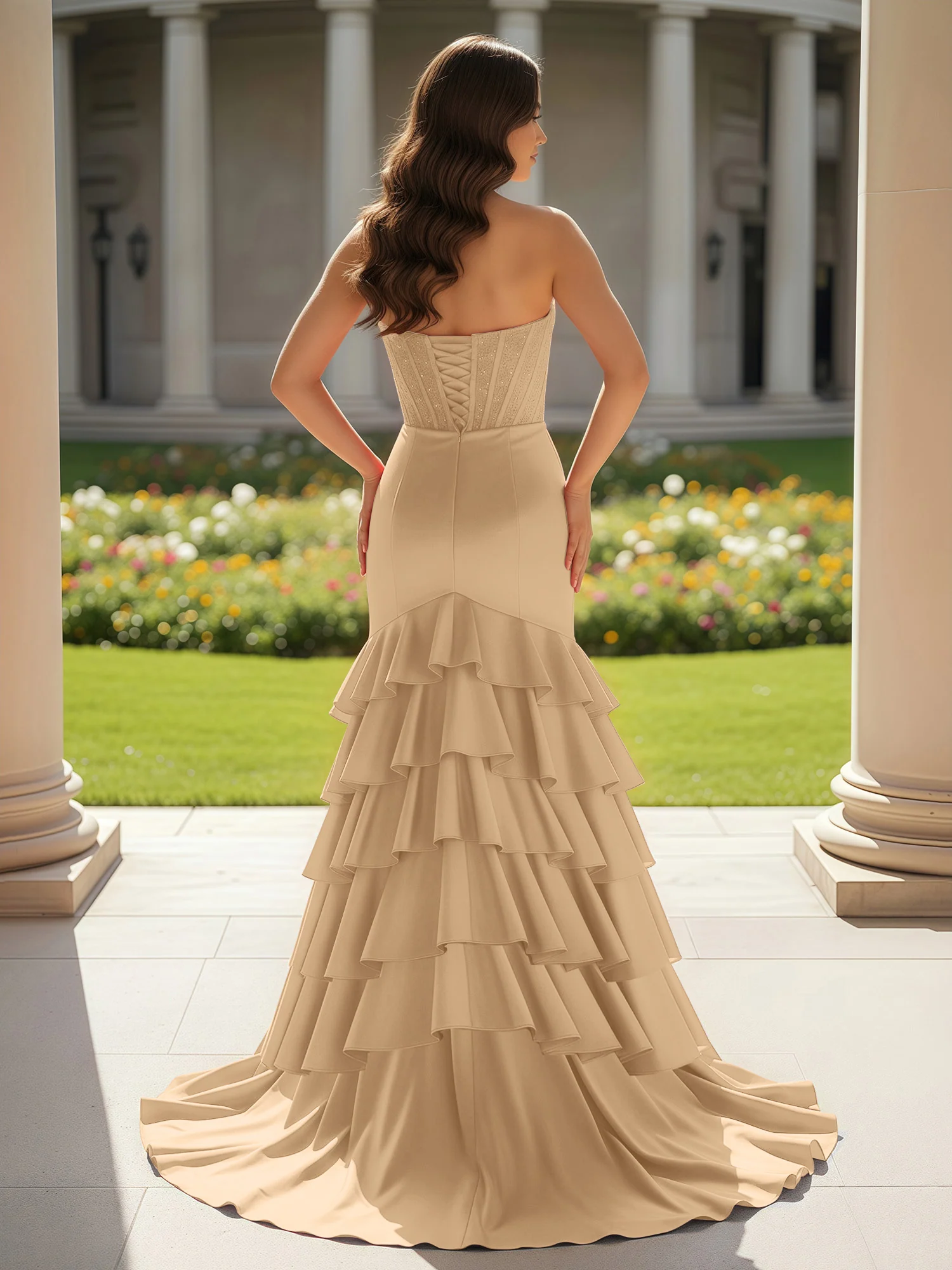 Mermaid Strapless Slit Ruffle Prom Dress With Sweep/Brush Train Champagne - Image 2