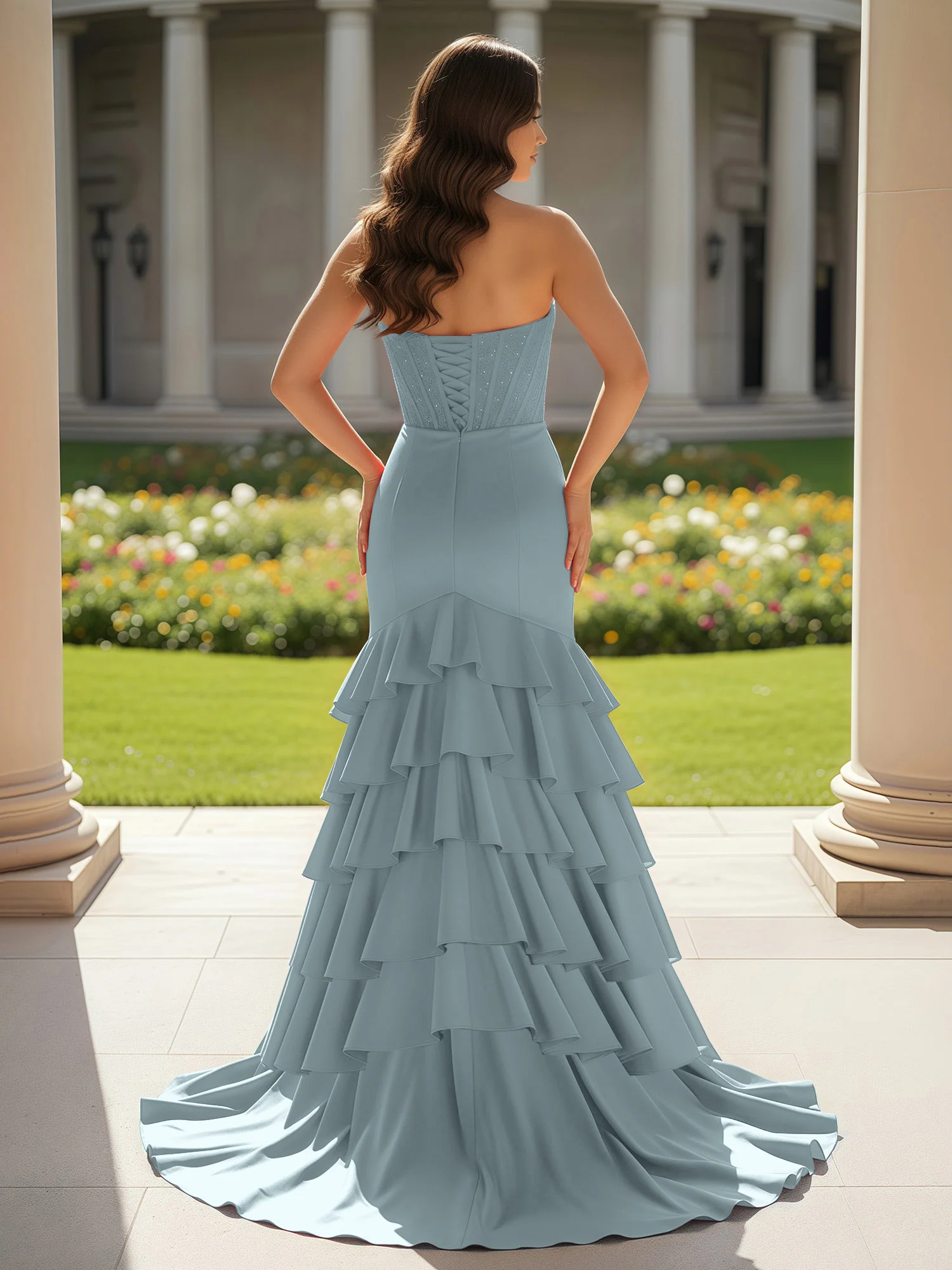 Mermaid Strapless Slit Ruffle Prom Dress With Sweep/Brush Train Dusty Blue - Image 2