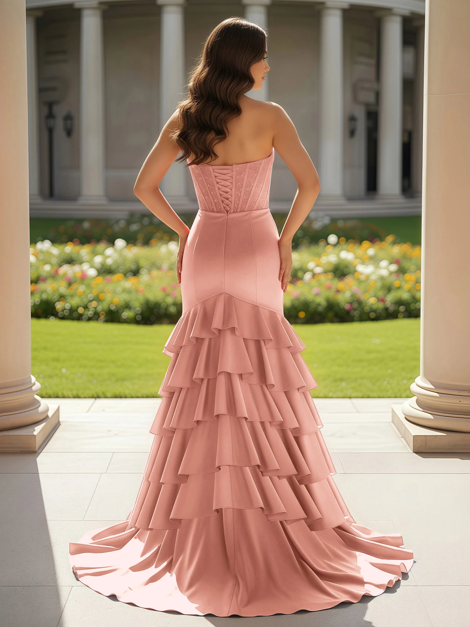 Mermaid Strapless Slit Ruffle Prom Dress With Sweep/Brush Train Dusty Rose - Image 2