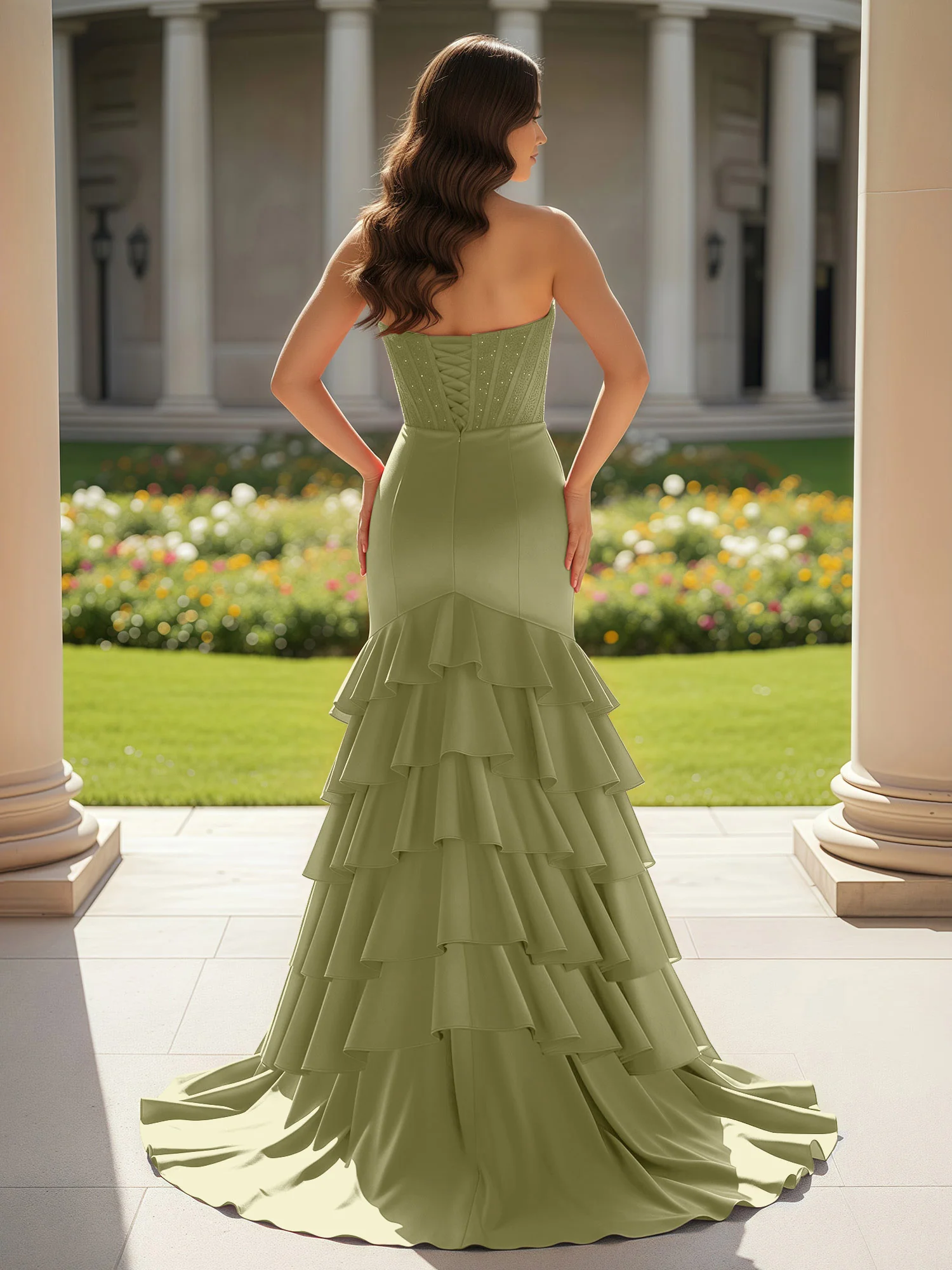 Mermaid Strapless Slit Ruffle Prom Dress With Sweep/Brush Train Dusty Sage - Image 2