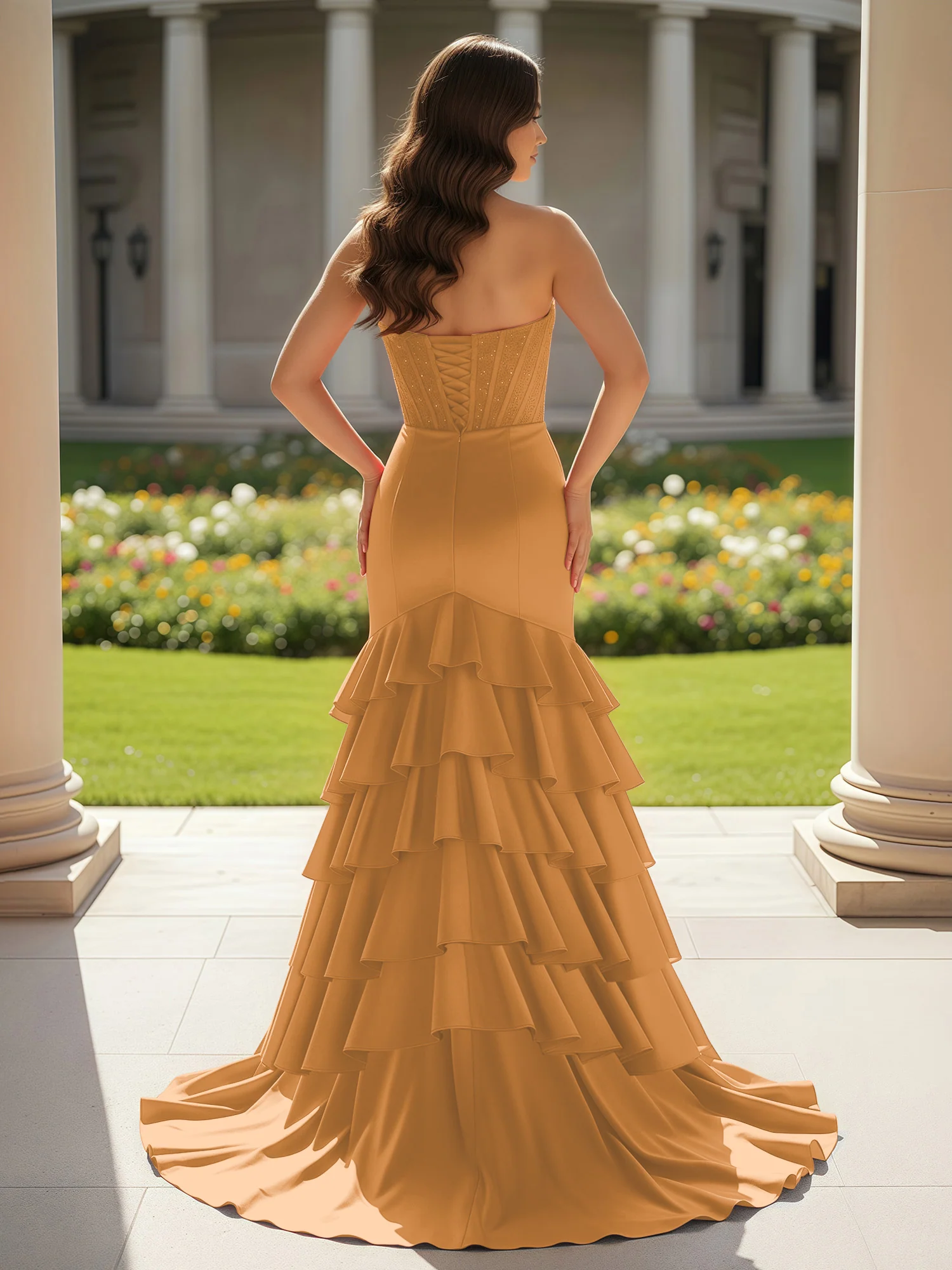 Mermaid Strapless Slit Ruffle Prom Dress With Sweep/Brush Train Gold - Image 2