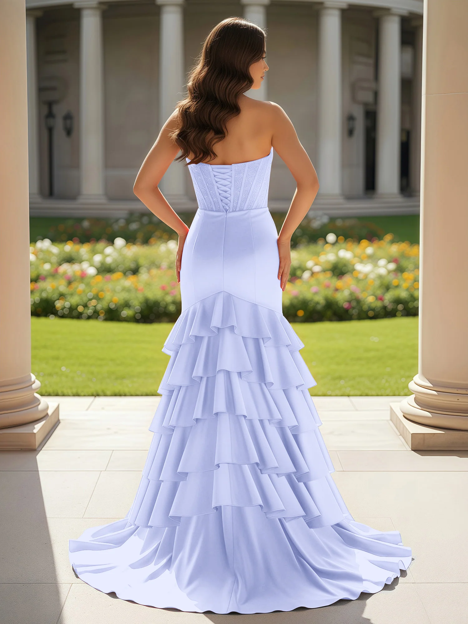 Mermaid Strapless Slit Ruffle Prom Dress With Sweep/Brush Train Lavender - Image 2