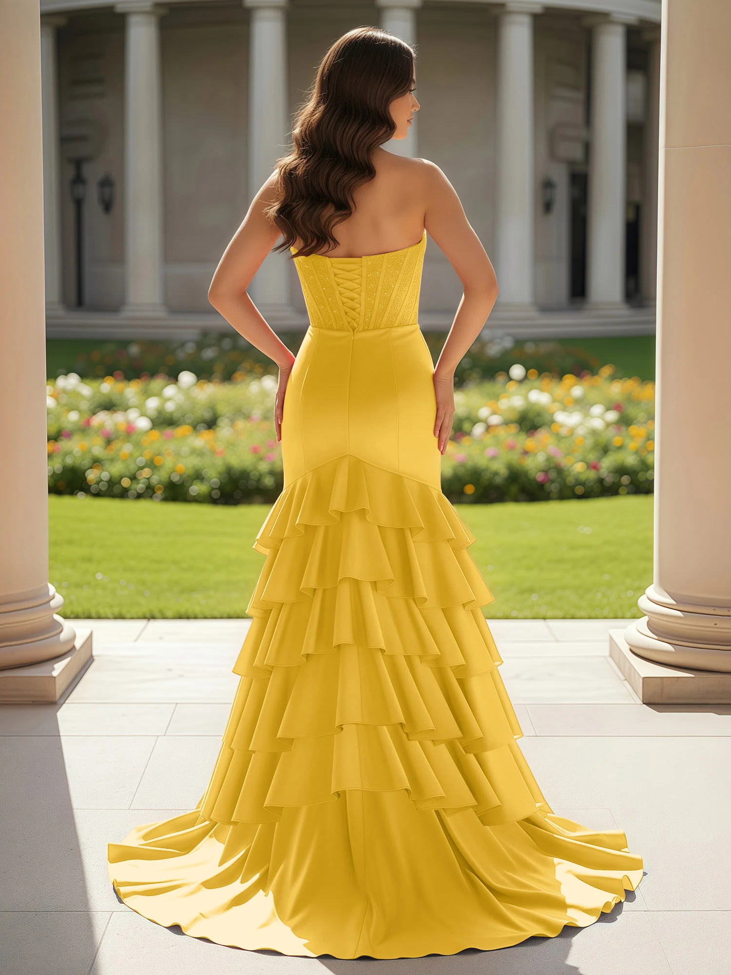 Mermaid Strapless Slit Ruffle Prom Dress With Sweep/Brush Train Marigold - Image 2
