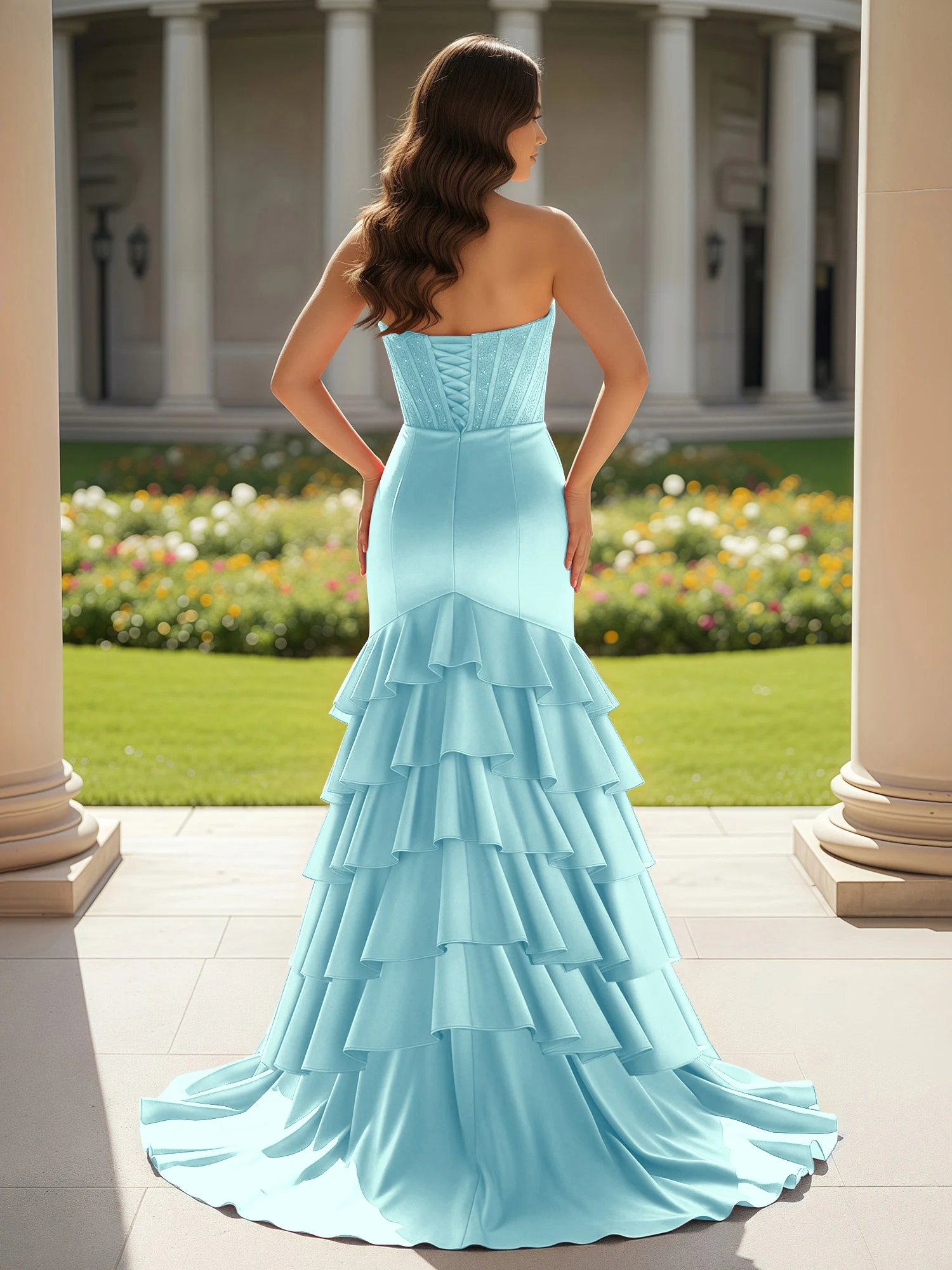 Mermaid Strapless Slit Ruffle Prom Dress With Sweep/Brush Train Mist - Image 2