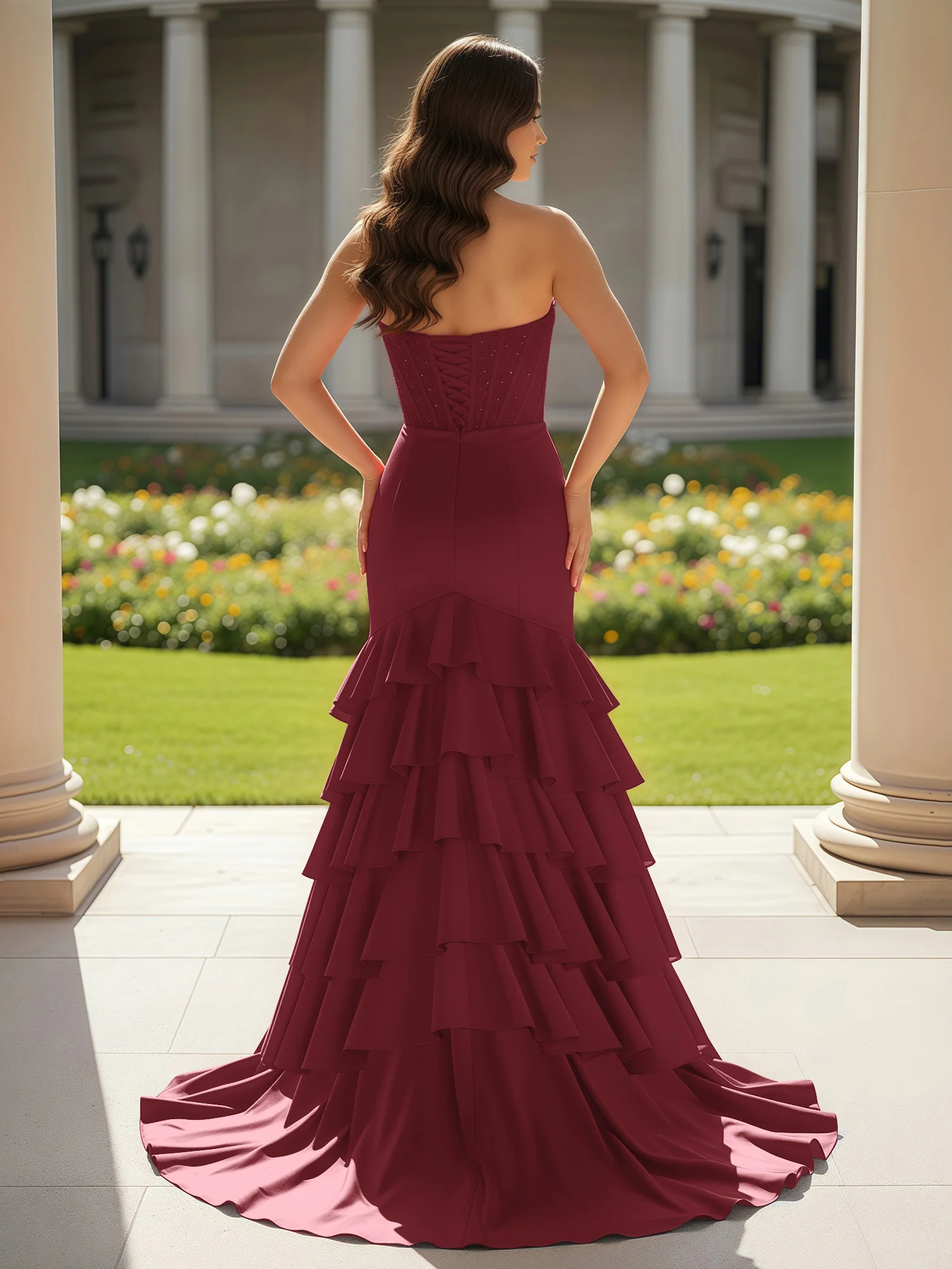 Mermaid Strapless Slit Ruffle Prom Dress With Sweep/Brush Train Mulberry - Image 2
