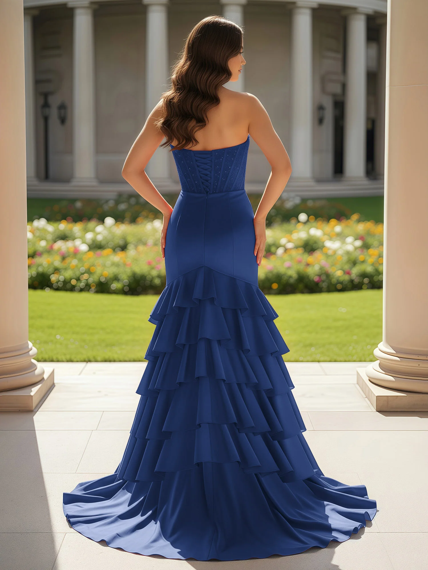 Mermaid Strapless Slit Ruffle Prom Dress With Sweep/Brush Train Navy Blue - Image 2