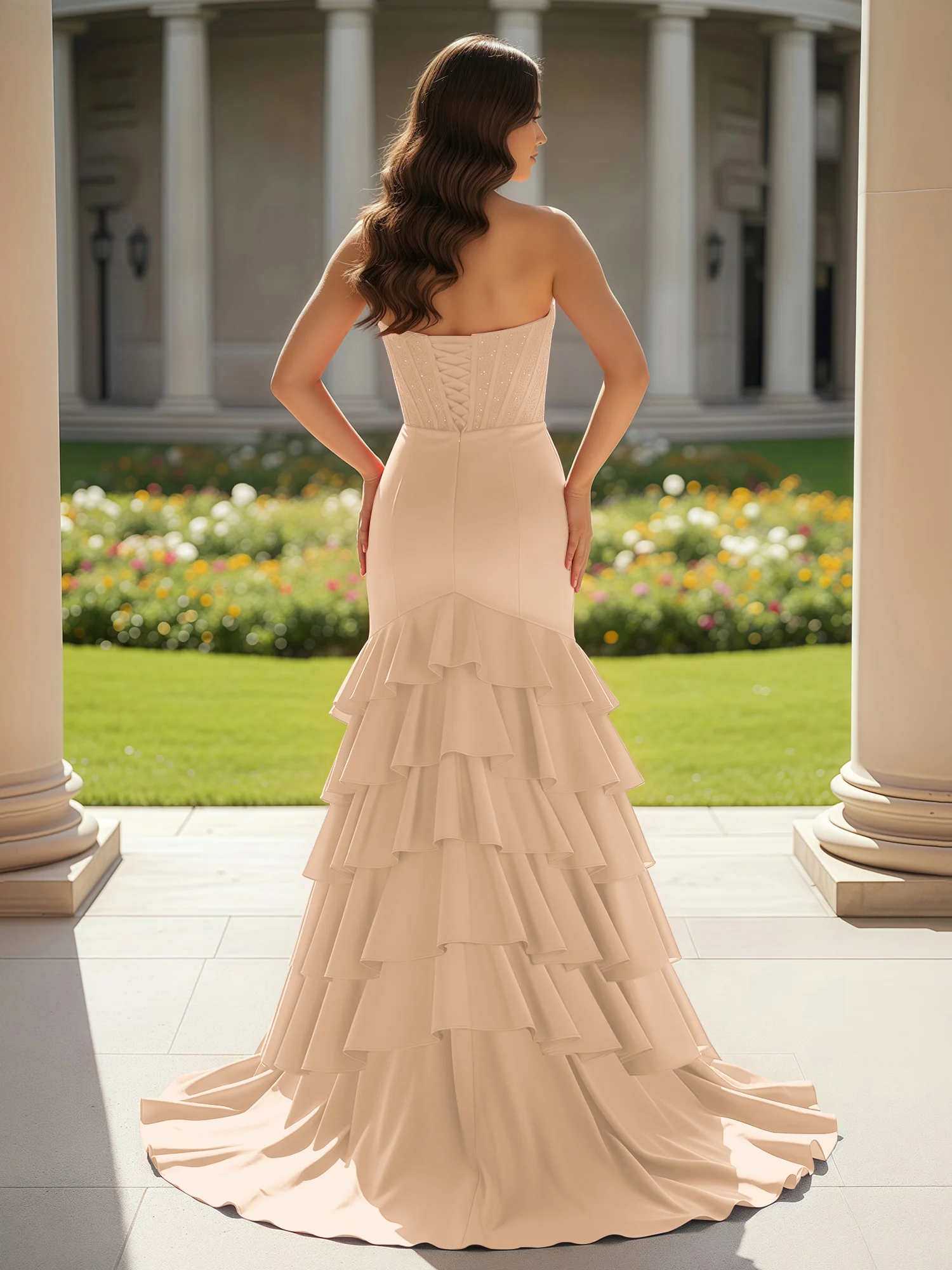Mermaid Strapless Slit Ruffle Prom Dress With Sweep/Brush Train Peach - Image 2