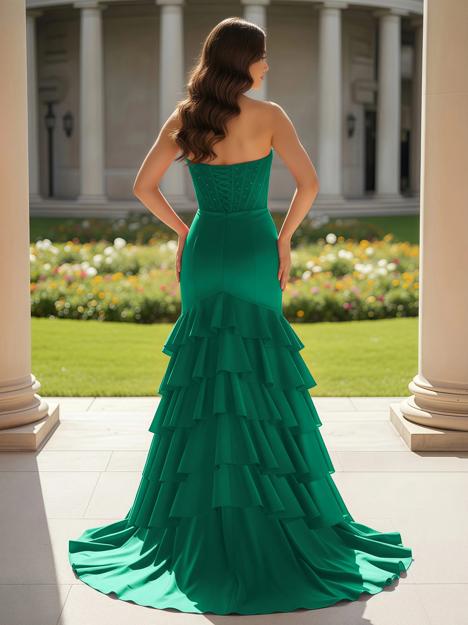 Mermaid Strapless Slit Ruffle Prom Dress With Sweep/Brush Train Peacock - Image 2