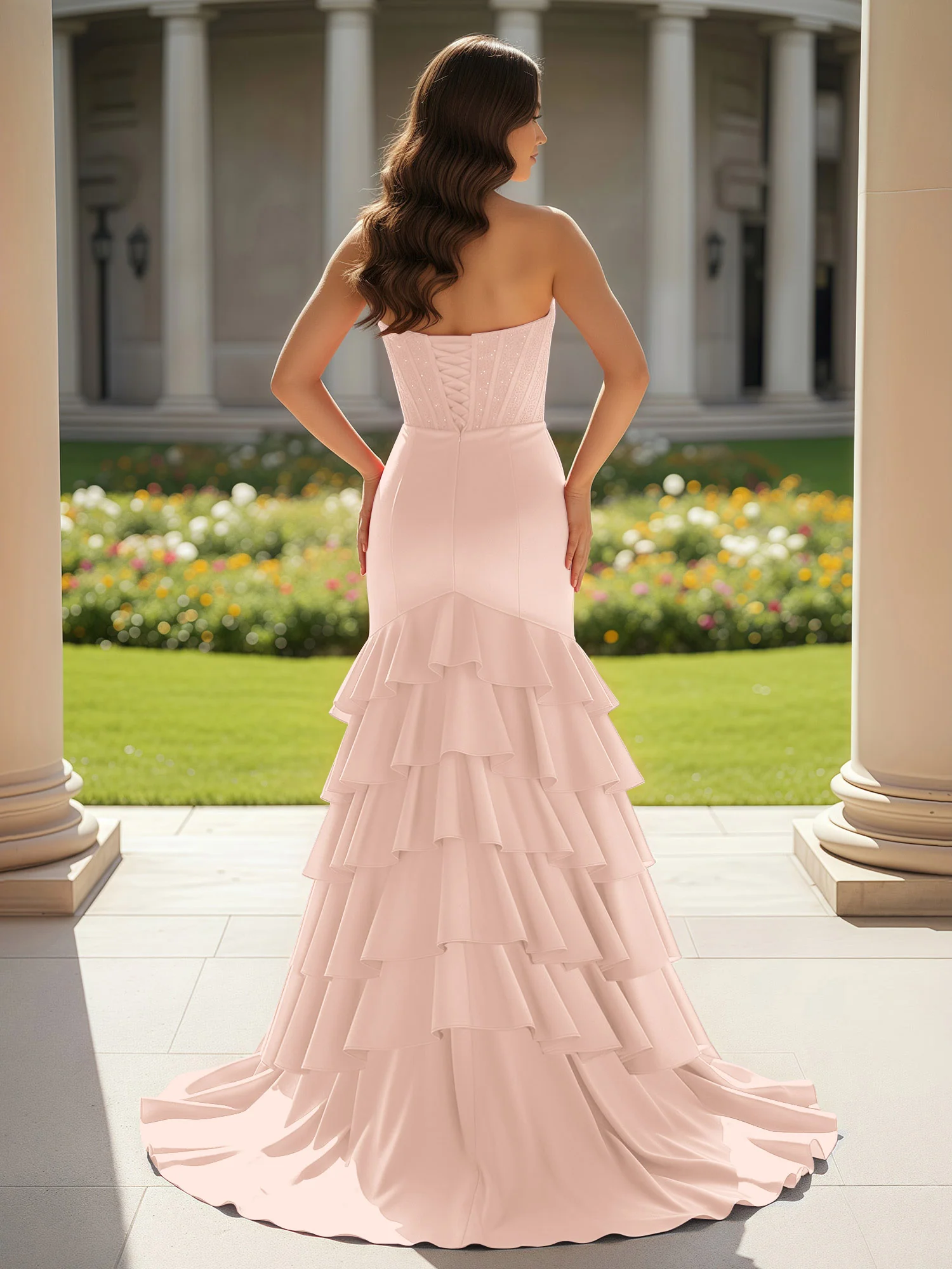 Mermaid Strapless Slit Ruffle Prom Dress With Sweep/Brush Train Pearl Pink - Image 2