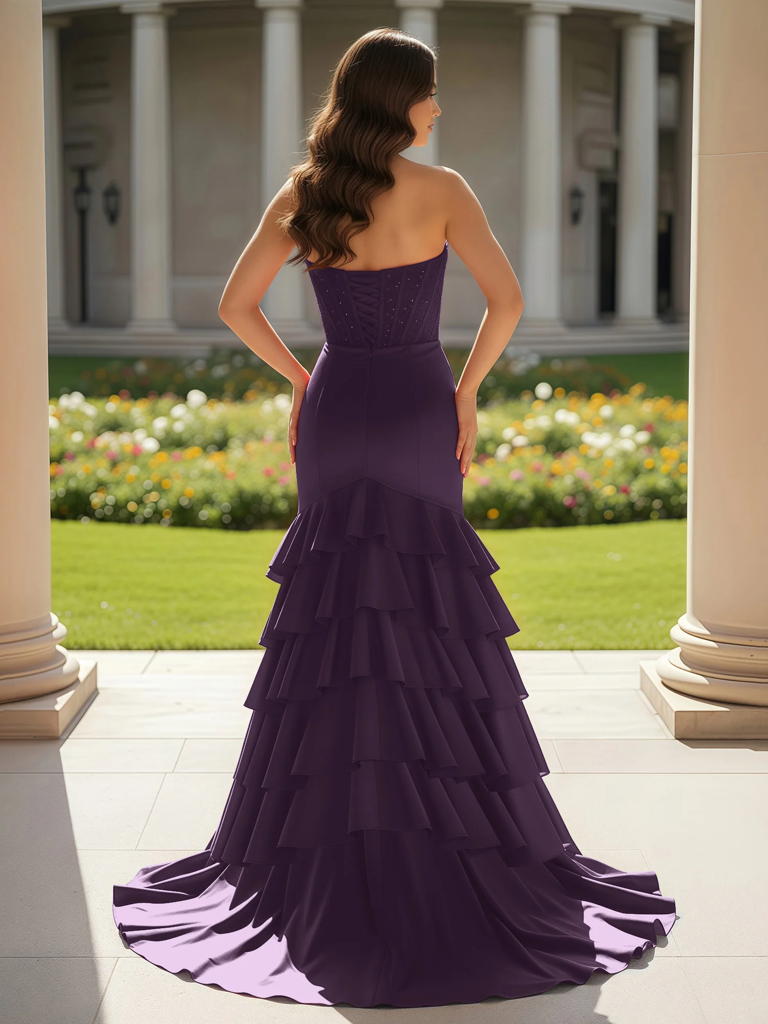 Mermaid Strapless Slit Ruffle Prom Dress With Sweep/Brush Train Plum - Image 2