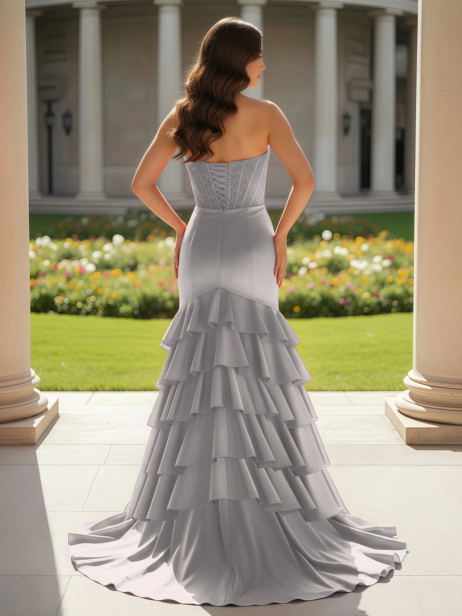 Mermaid Strapless Slit Ruffle Prom Dress With Sweep/Brush Train Silver - Image 2