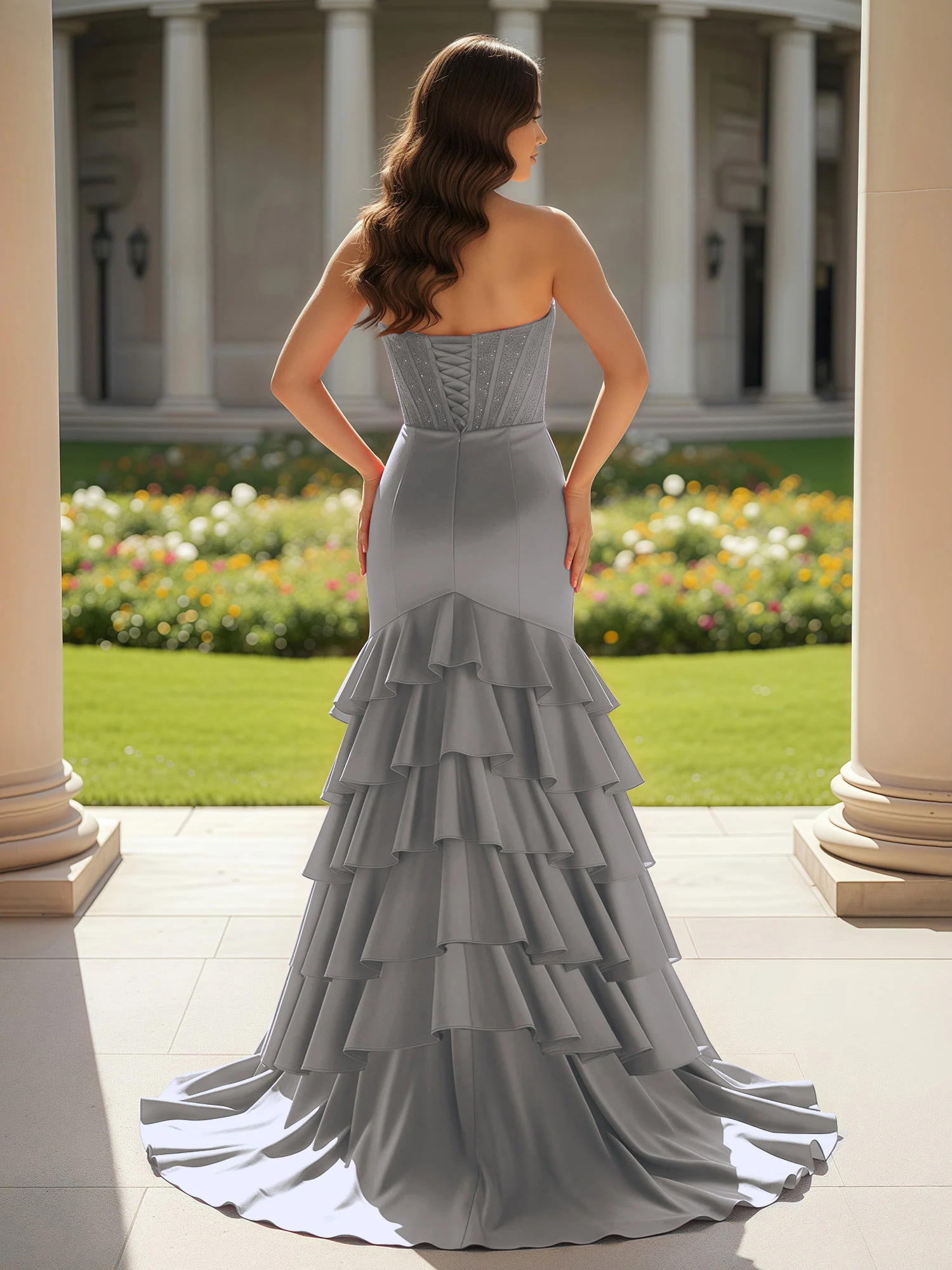 Mermaid Strapless Slit Ruffle Prom Dress With Sweep/Brush Train Steel Grey - Image 2
