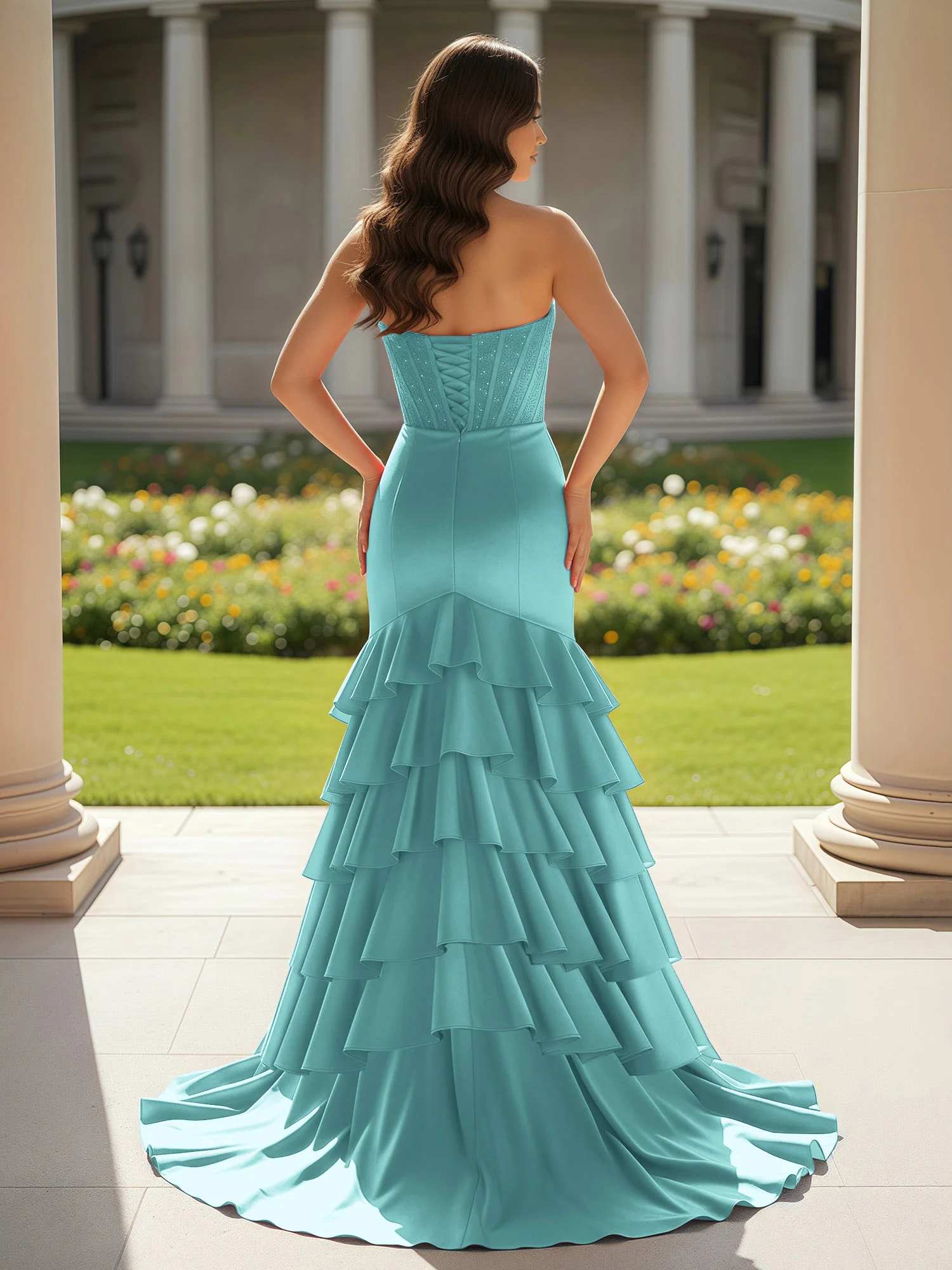 Mermaid Strapless Slit Ruffle Prom Dress With Sweep/Brush Train Teal - Image 2
