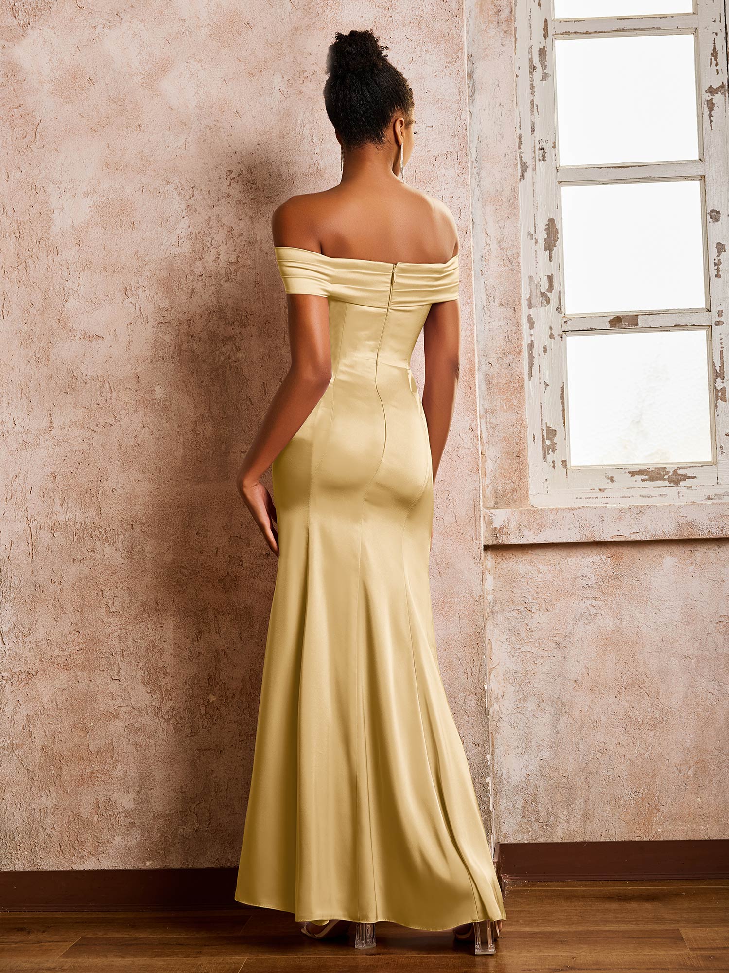 Trumpet/Mermaid Off-the-shoulder Acetate Satin Dresses Gold - Image 2