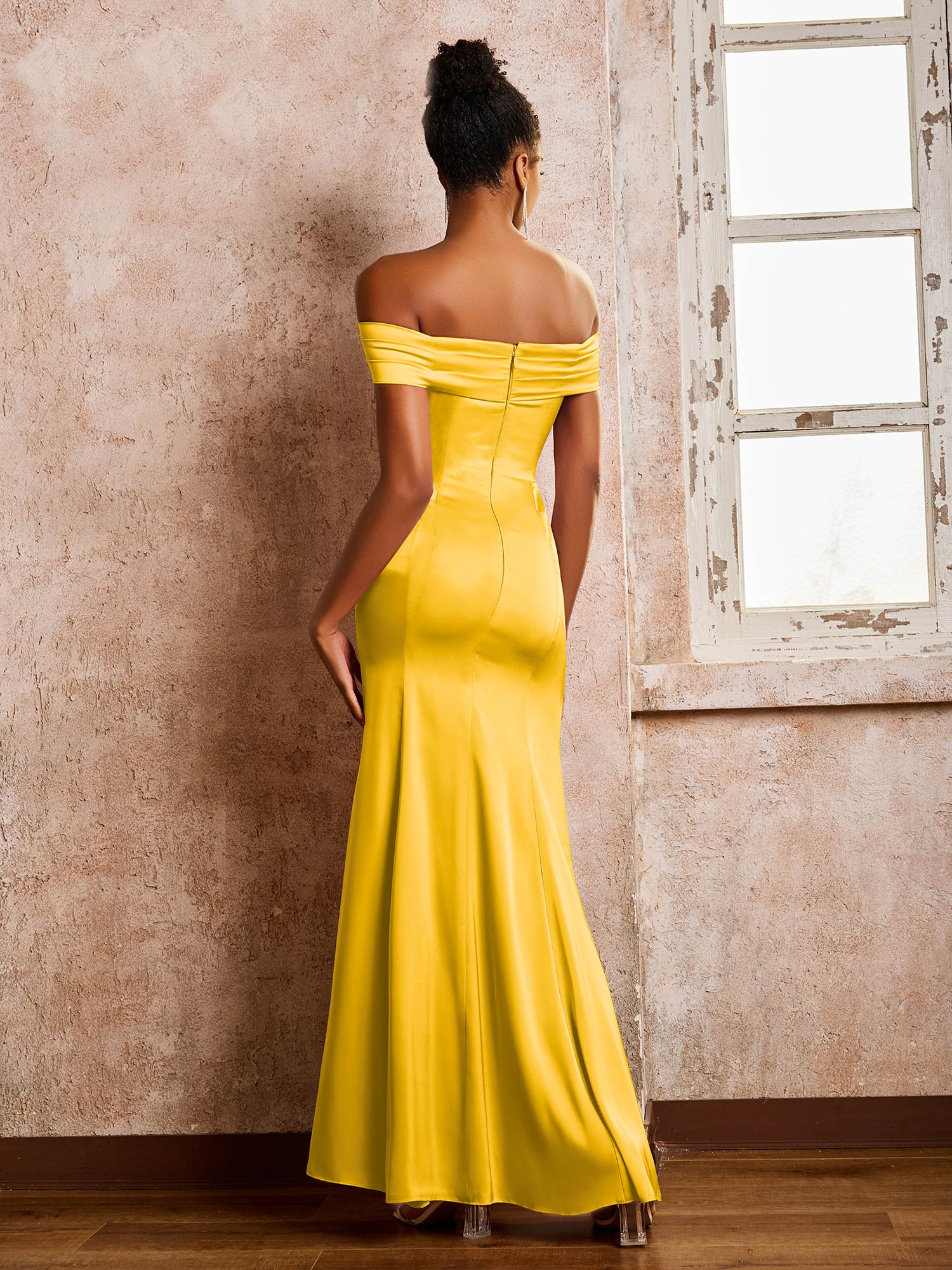 Trumpet/Mermaid Off-the-shoulder Acetate Satin Dresses Marigold - Image 2