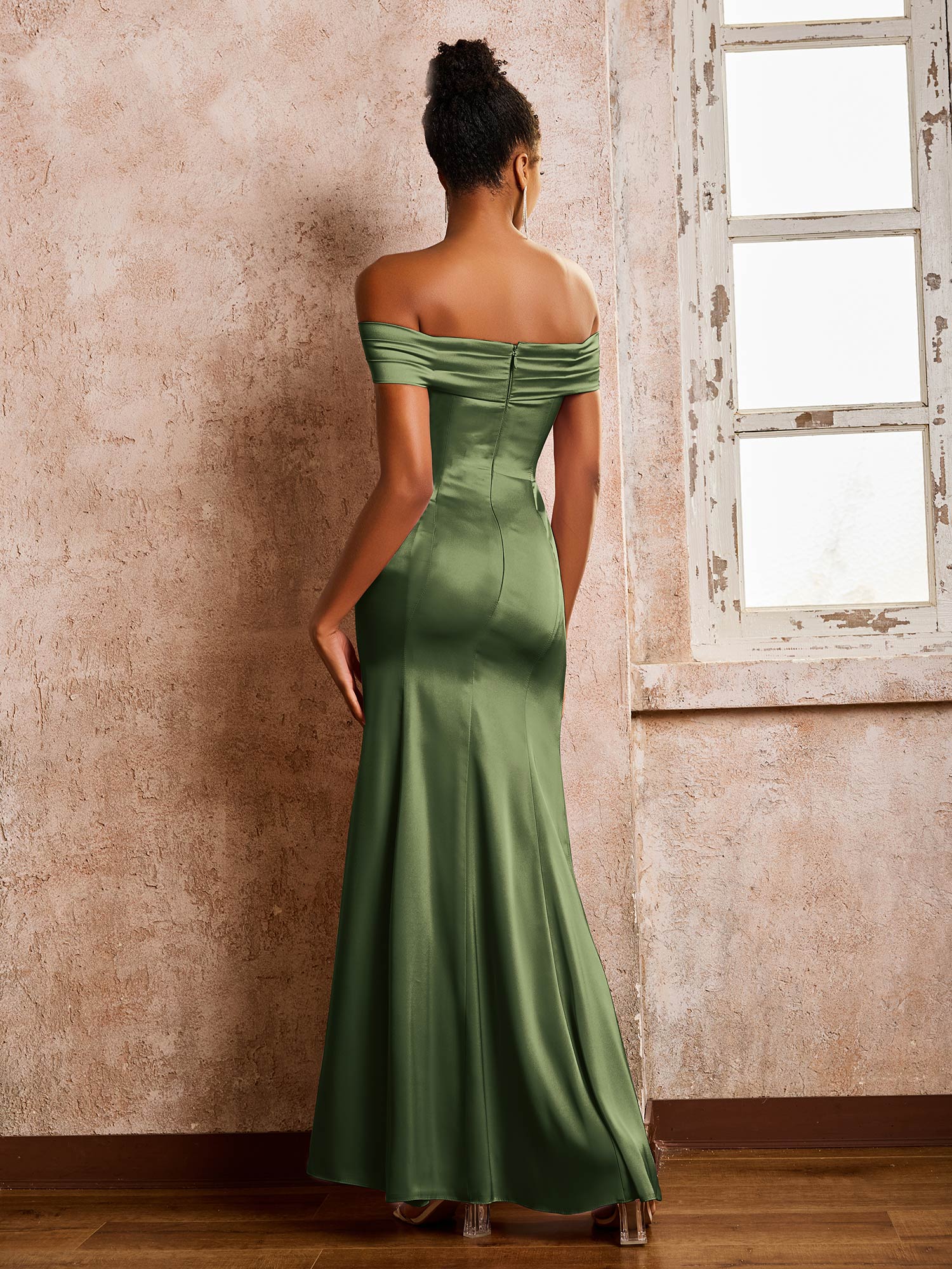 Trumpet/Mermaid Off-the-shoulder Acetate Satin Dresses Olive Green - Image 2
