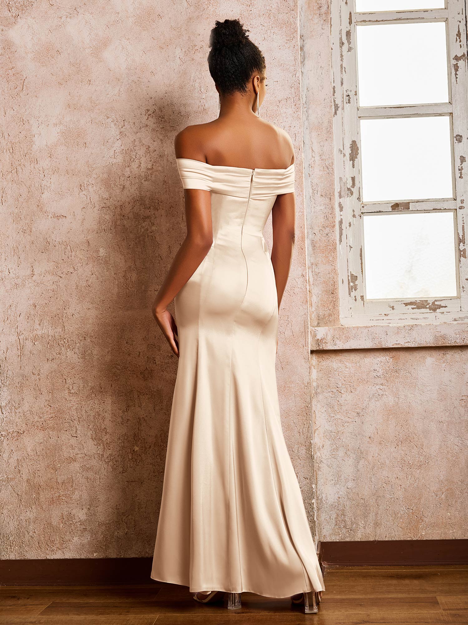 Trumpet/Mermaid Off-the-shoulder Acetate Satin Dresses Peach - Image 2