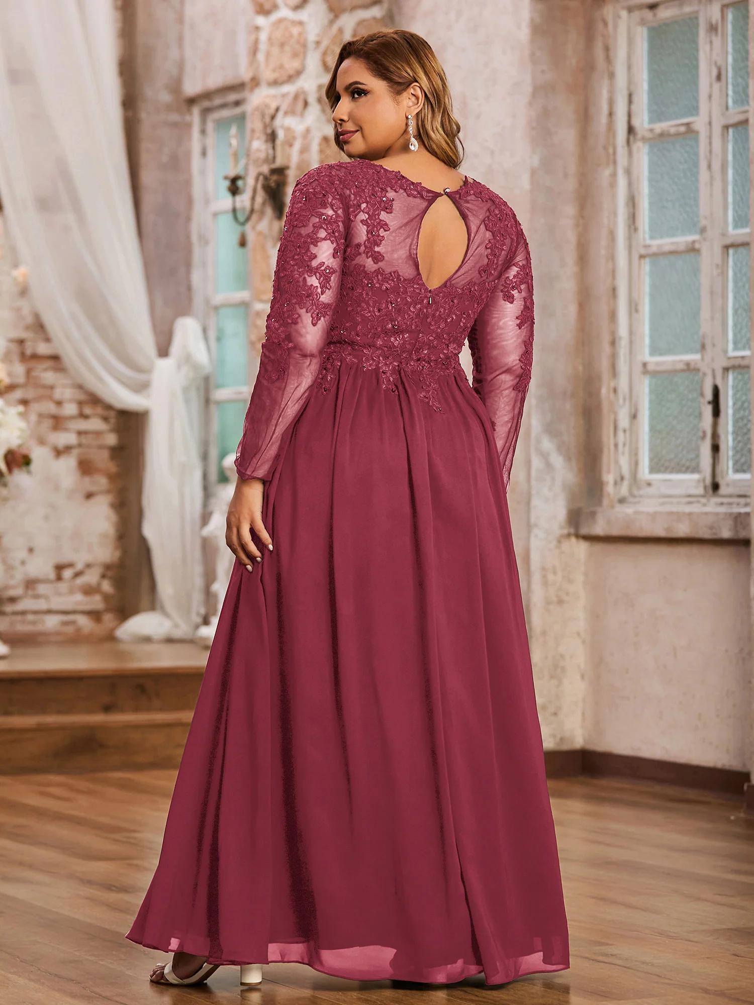 Tulle with Appliqued Long Sleeves Dress-Cinnamon Rose - Image 2