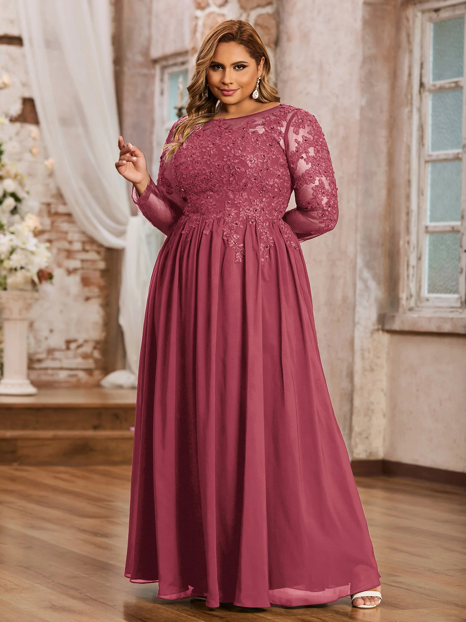 Tulle with Appliqued Long Sleeves Dress-Cinnamon Rose - Image 3