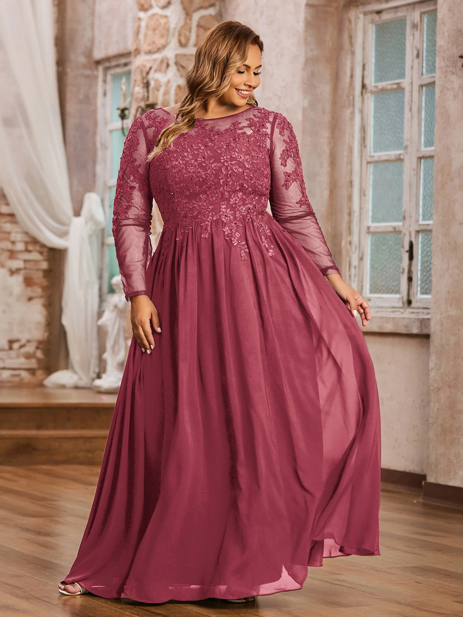 Tulle with Appliqued Long Sleeves Dress-Cinnamon Rose Plus Size