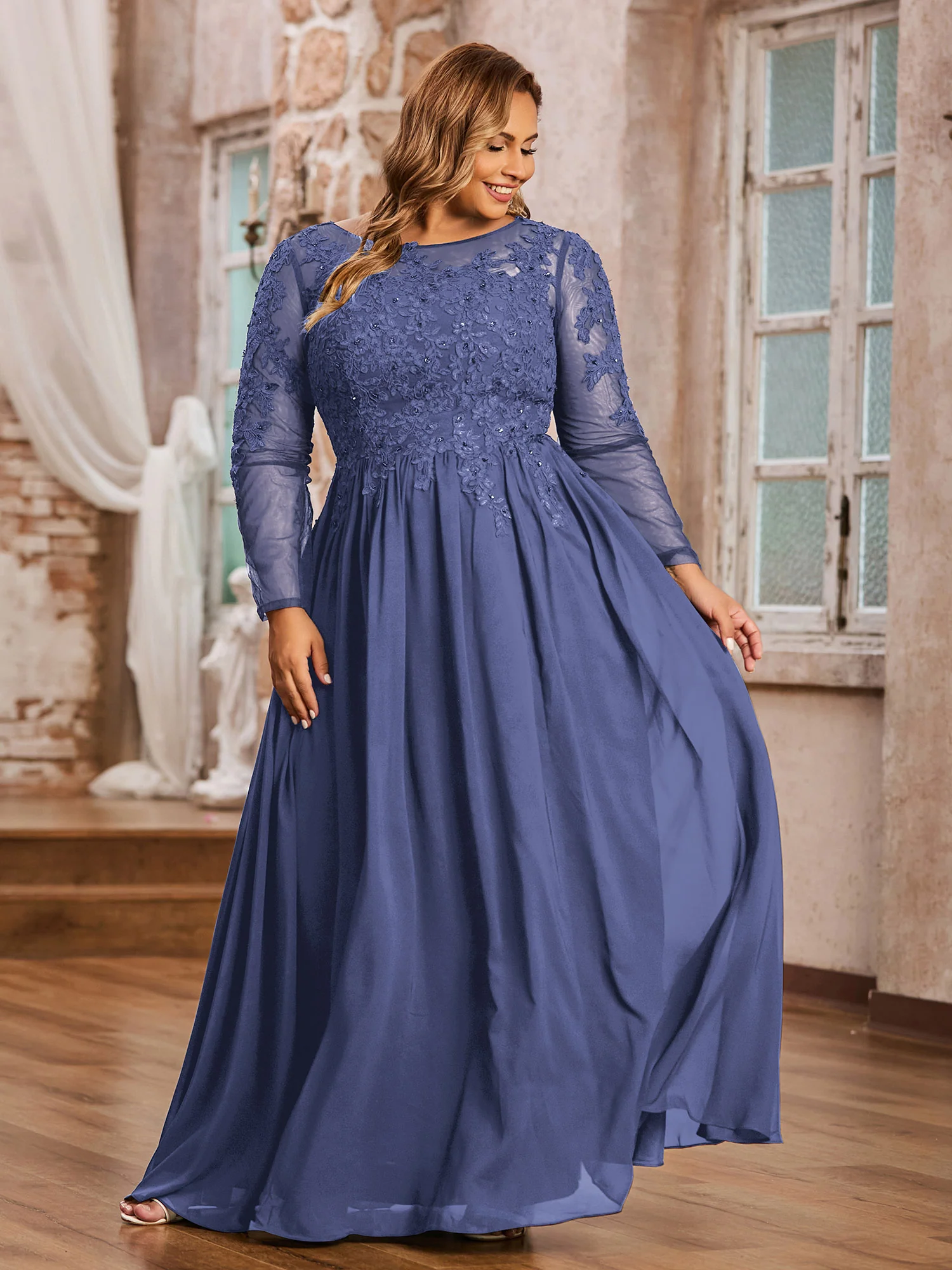 Tulle with Appliqued Long Sleeves Dress-Periwinkle