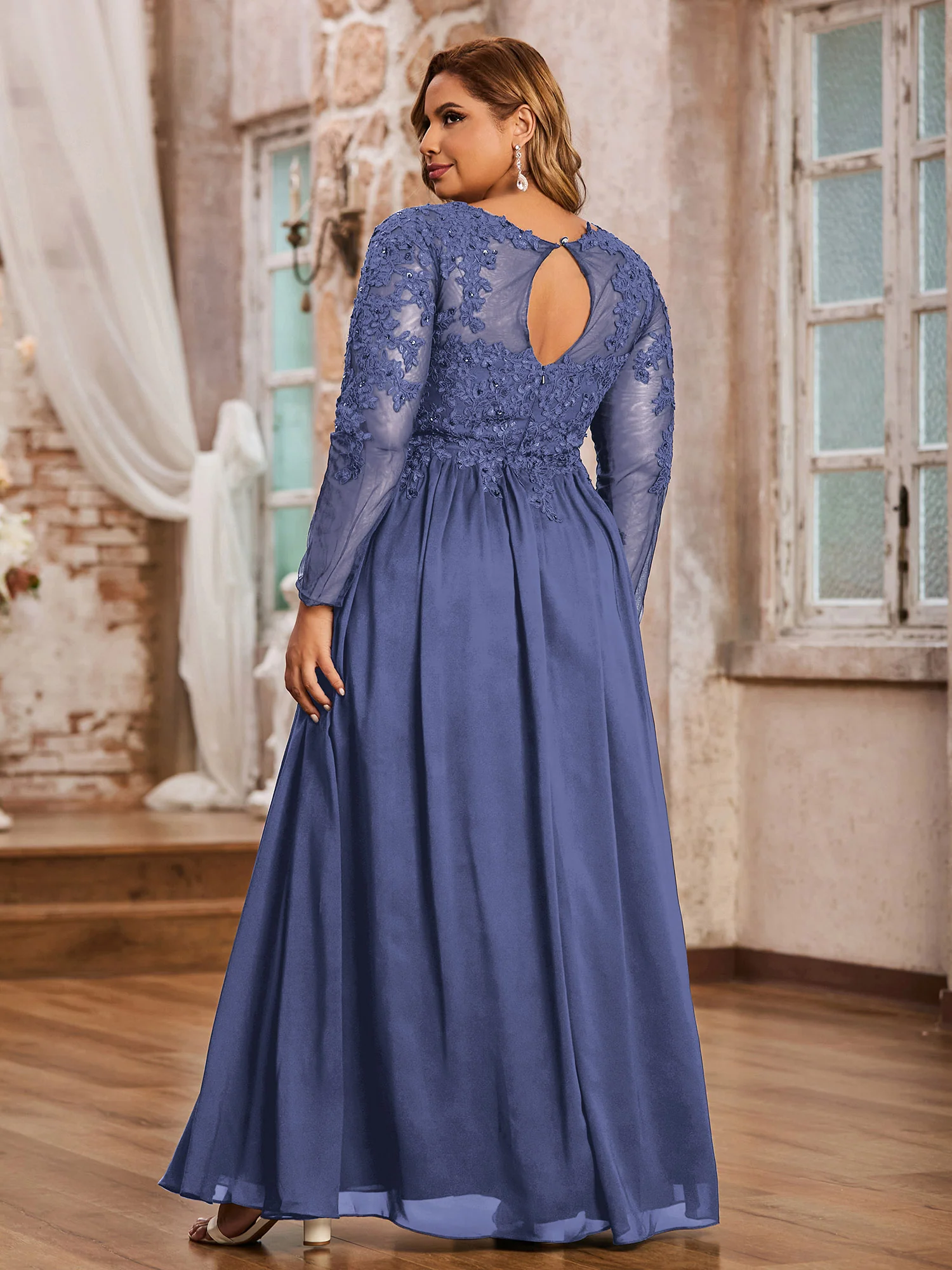 Tulle with Appliqued Long Sleeves Dress-Periwinkle - Image 2