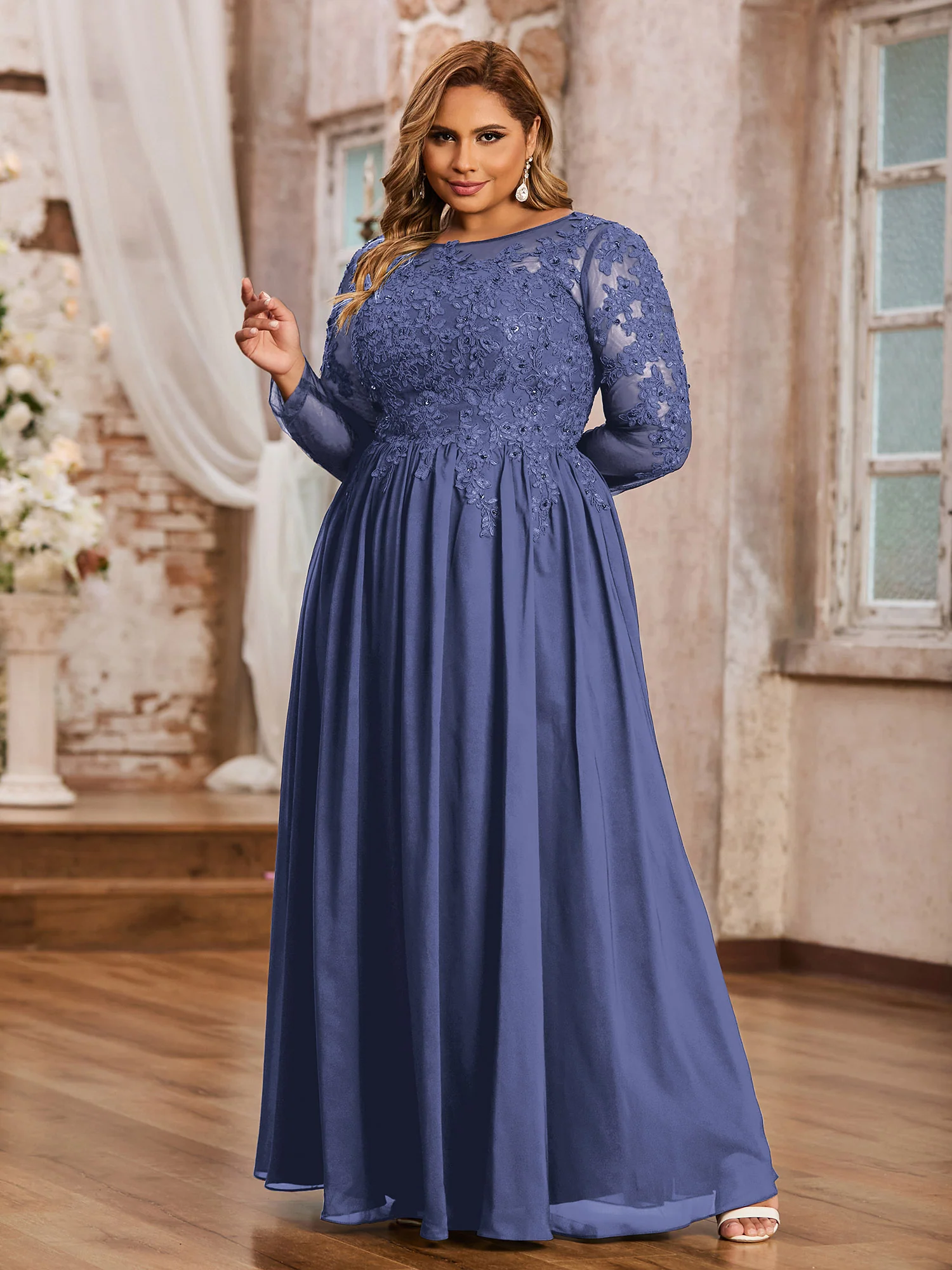 Tulle with Appliqued Long Sleeves Dress-Periwinkle Plus Size - Image 3