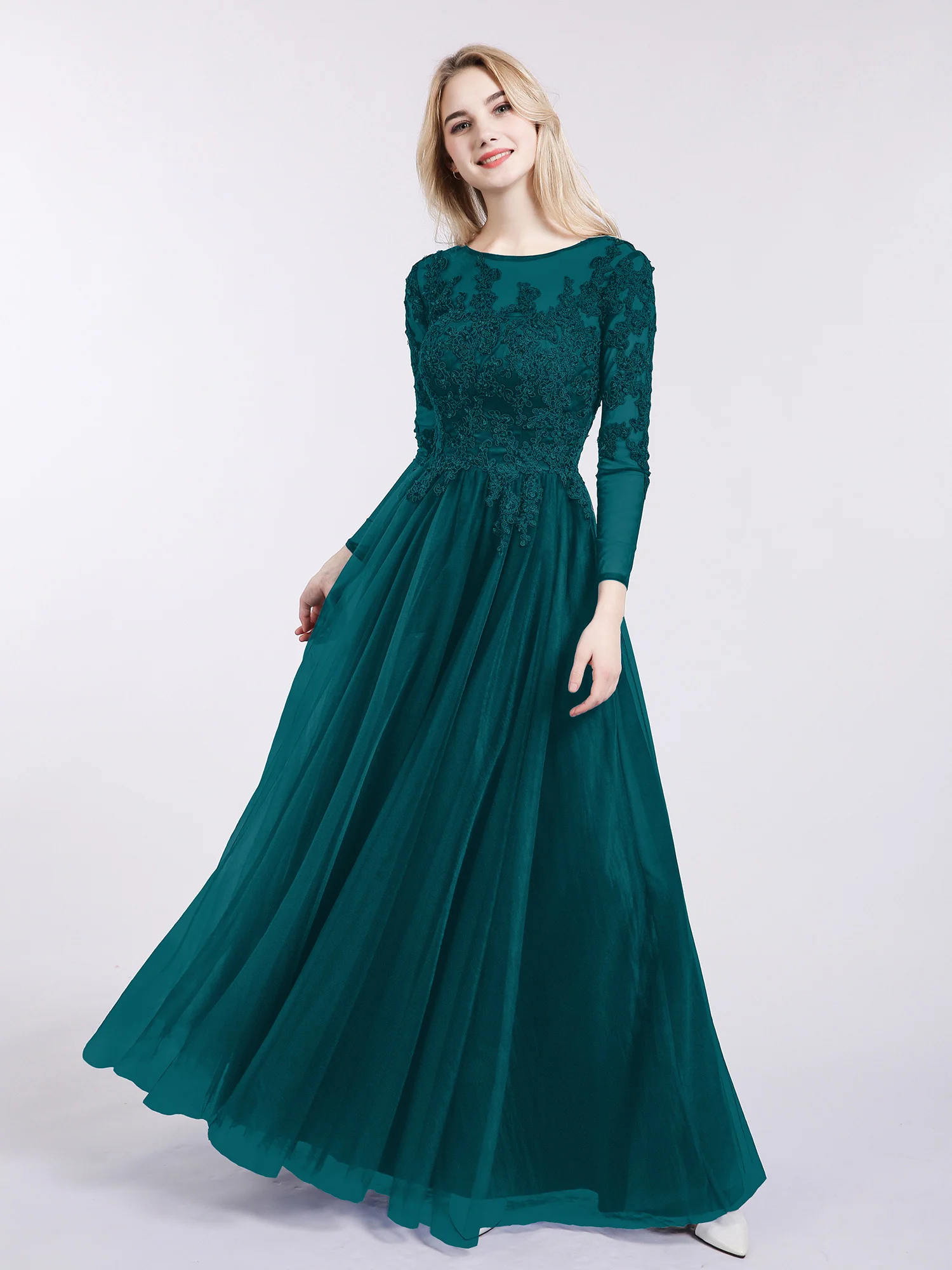 Tulle with Appliqued Long Sleeves Dress-Pine