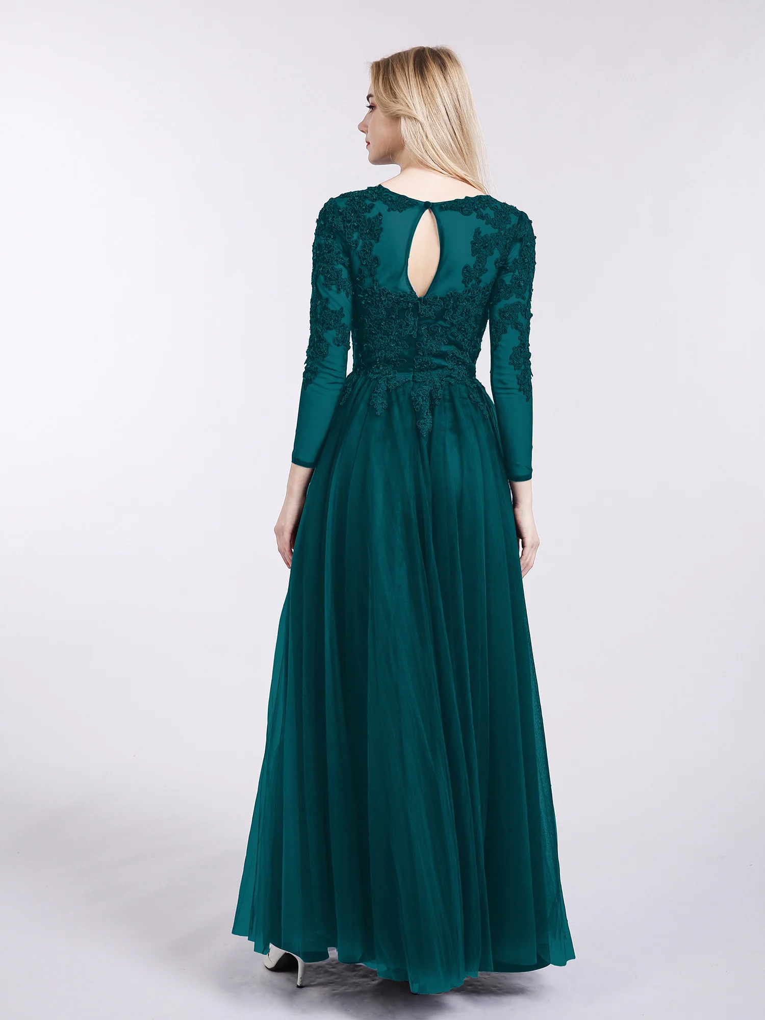 Tulle with Appliqued Long Sleeves Dress-Pine - Image 2