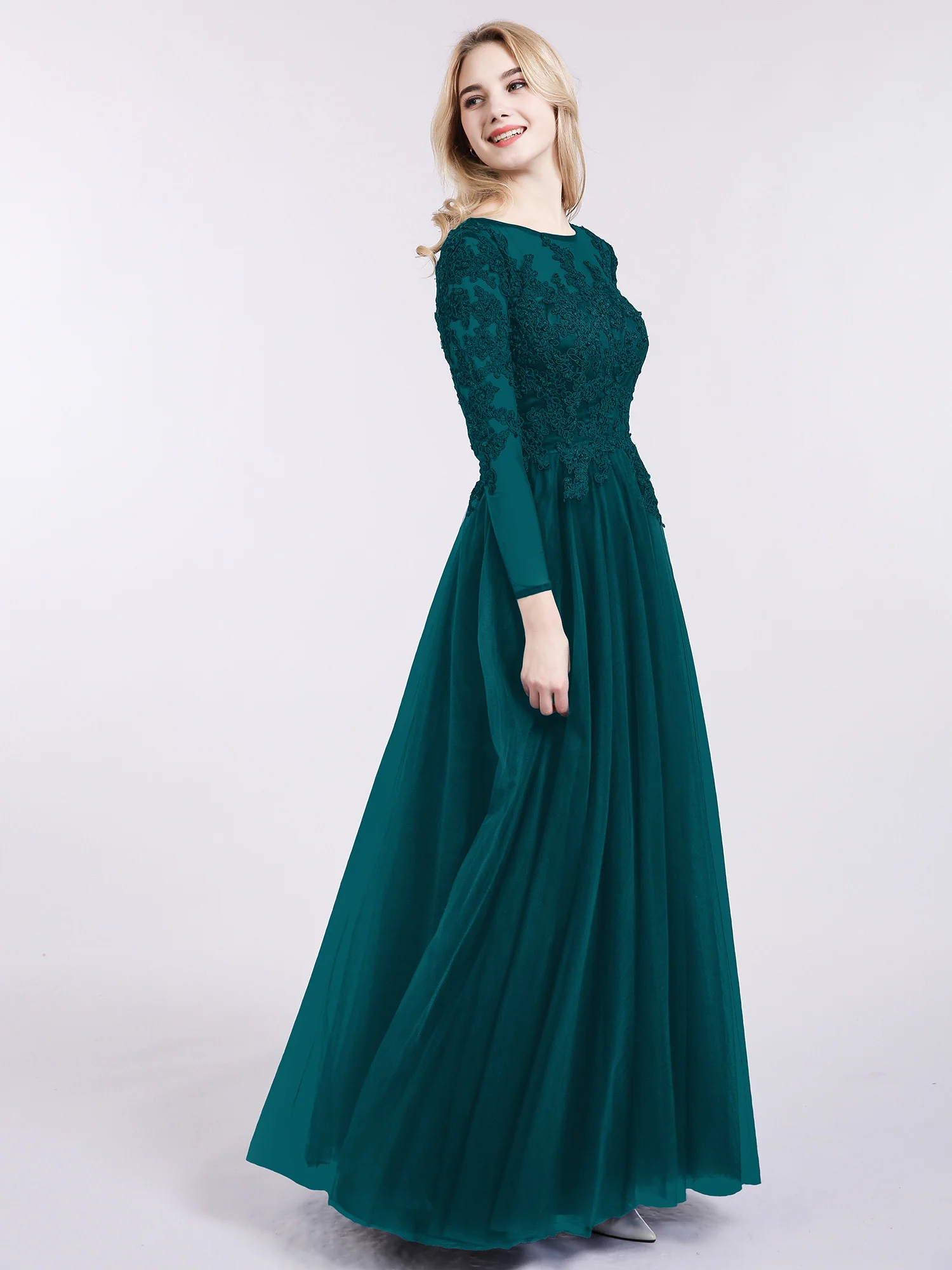 Tulle with Appliqued Long Sleeves Dress-Pine - Image 3