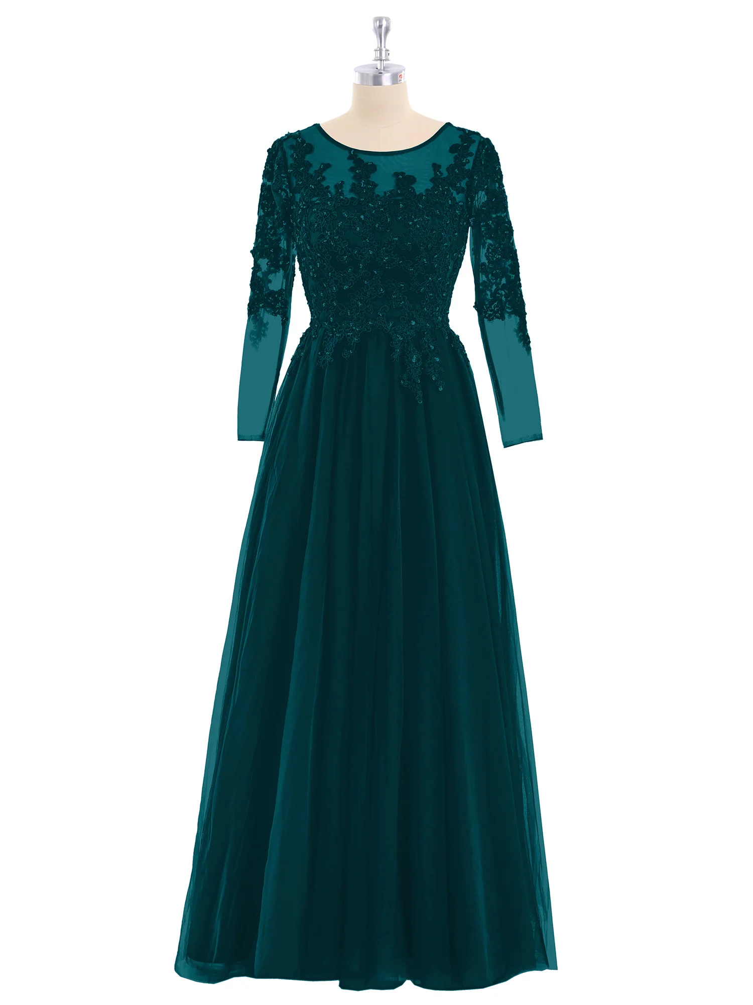 Tulle with Appliqued Long Sleeves Dress-Pine - Image 4