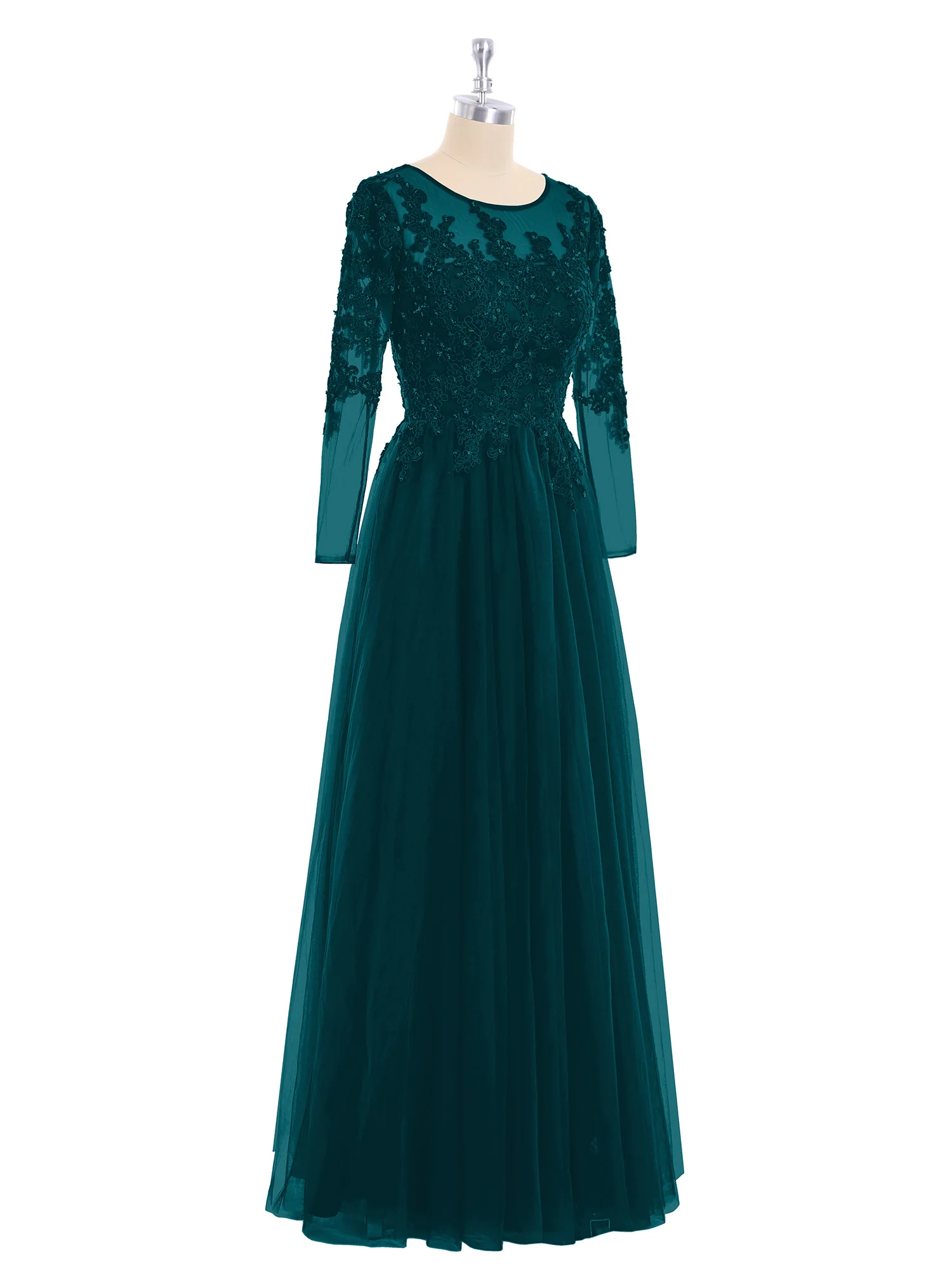 Tulle with Appliqued Long Sleeves Dress-Pine - Image 5