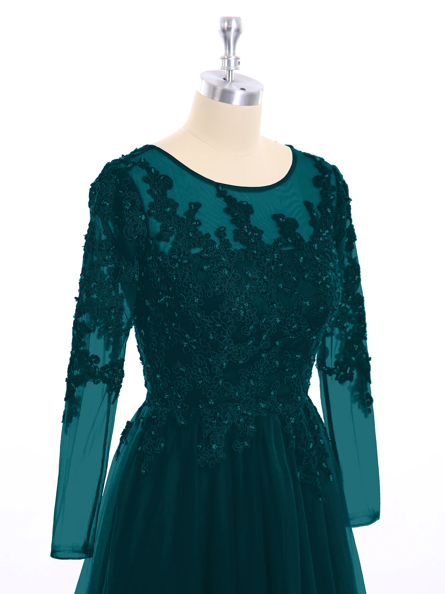 Tulle with Appliqued Long Sleeves Dress-Pine - Image 6