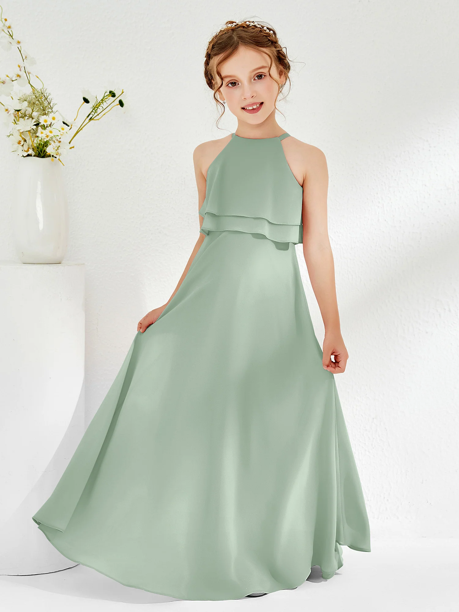 Two Layers Ruffles Junior Bridesmaid Dresses Agave