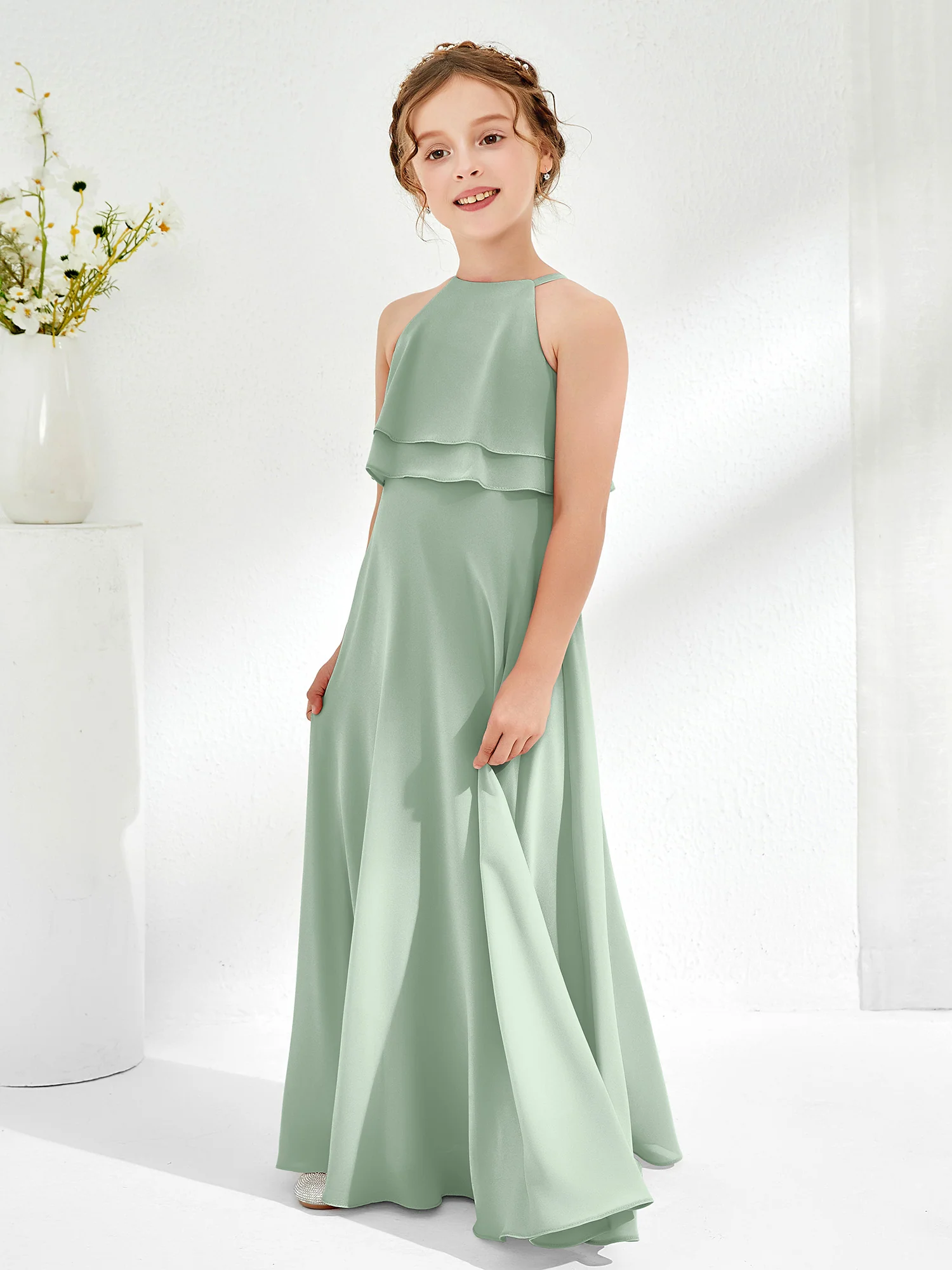 Two Layers Ruffles Junior Bridesmaid Dresses Agave - Image 3
