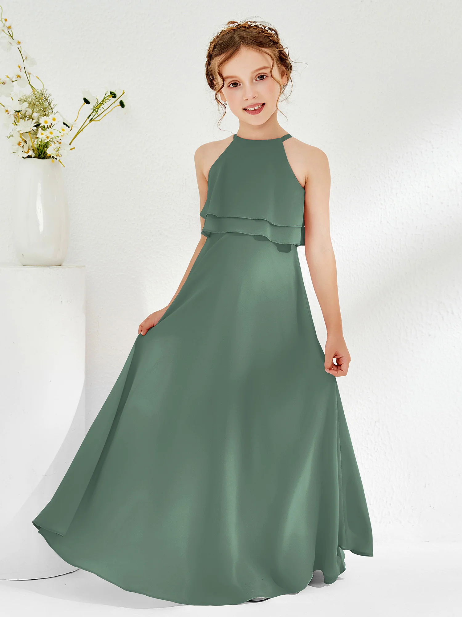 Two Layers Ruffles Junior Bridesmaid Dresses Eucalyptus