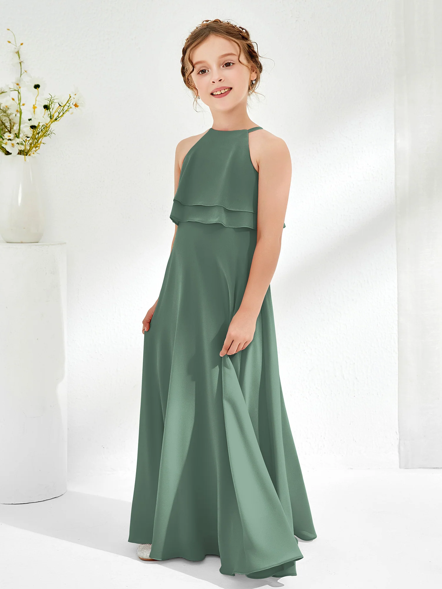 Two Layers Ruffles Junior Bridesmaid Dresses Eucalyptus - Image 3