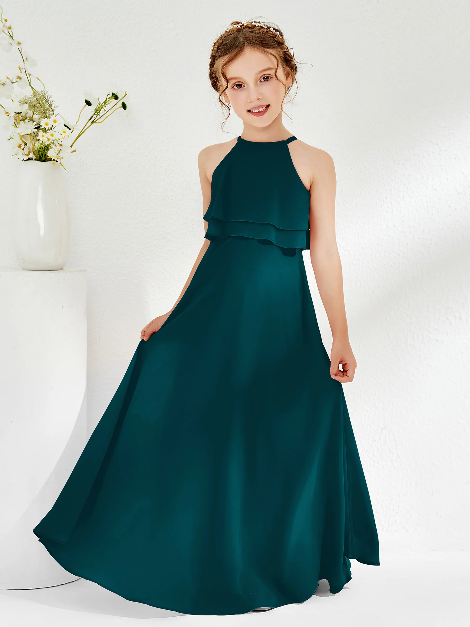 Two Layers Ruffles Junior Bridesmaid Dresses Pine
